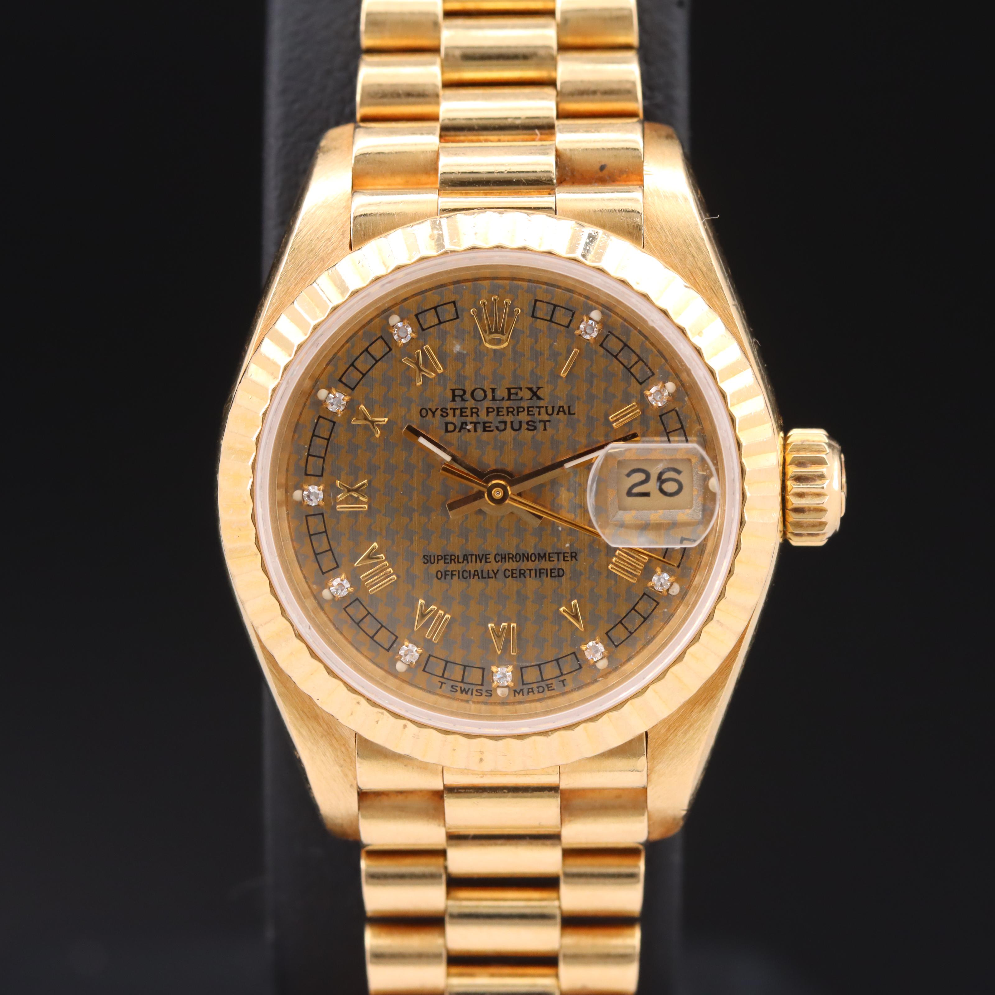 18K Rolex Houndstooth Diamond Dial Datejust Watch with President Watch Band
