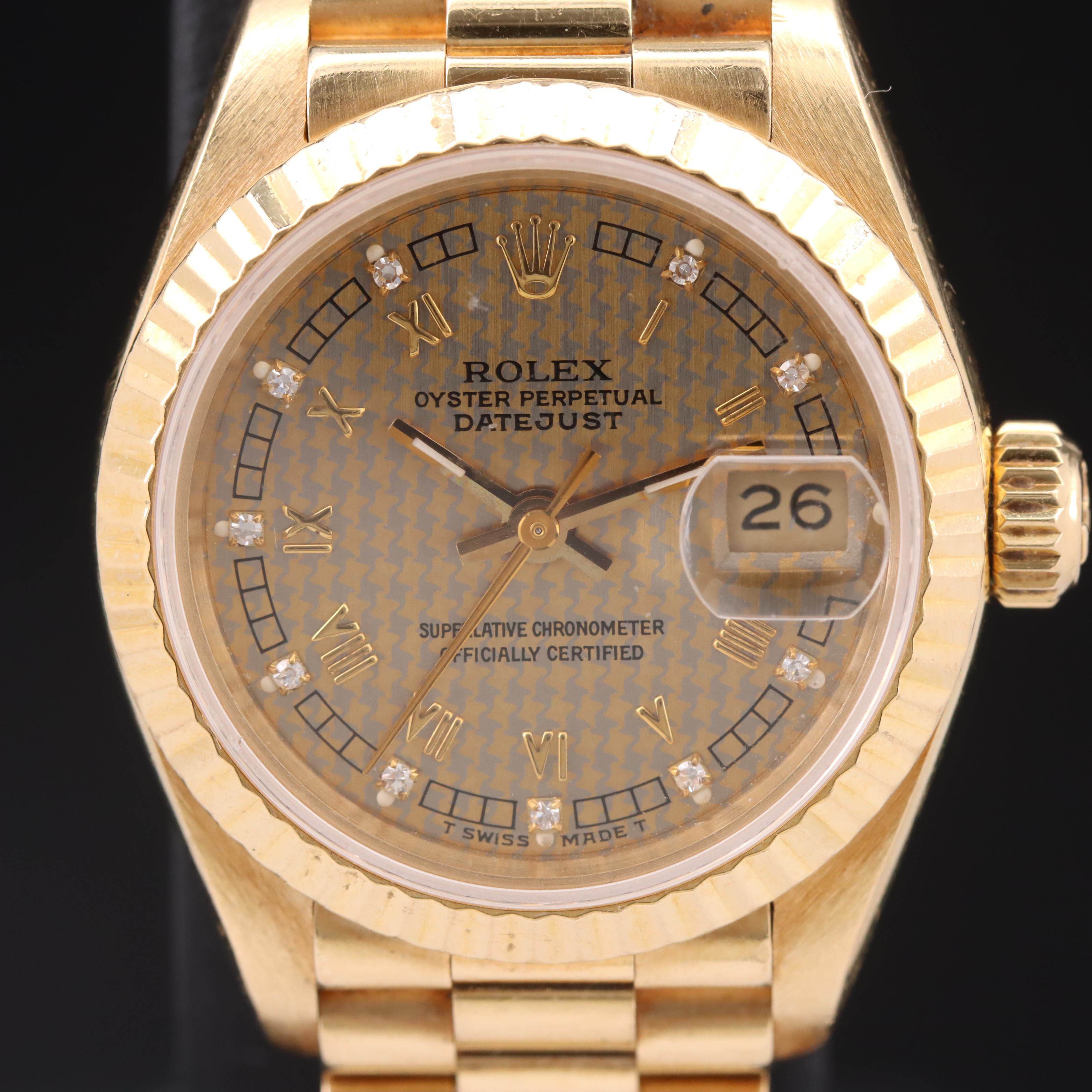 18K Rolex Houndstooth Diamond Dial Datejust Watch with President Watch Band