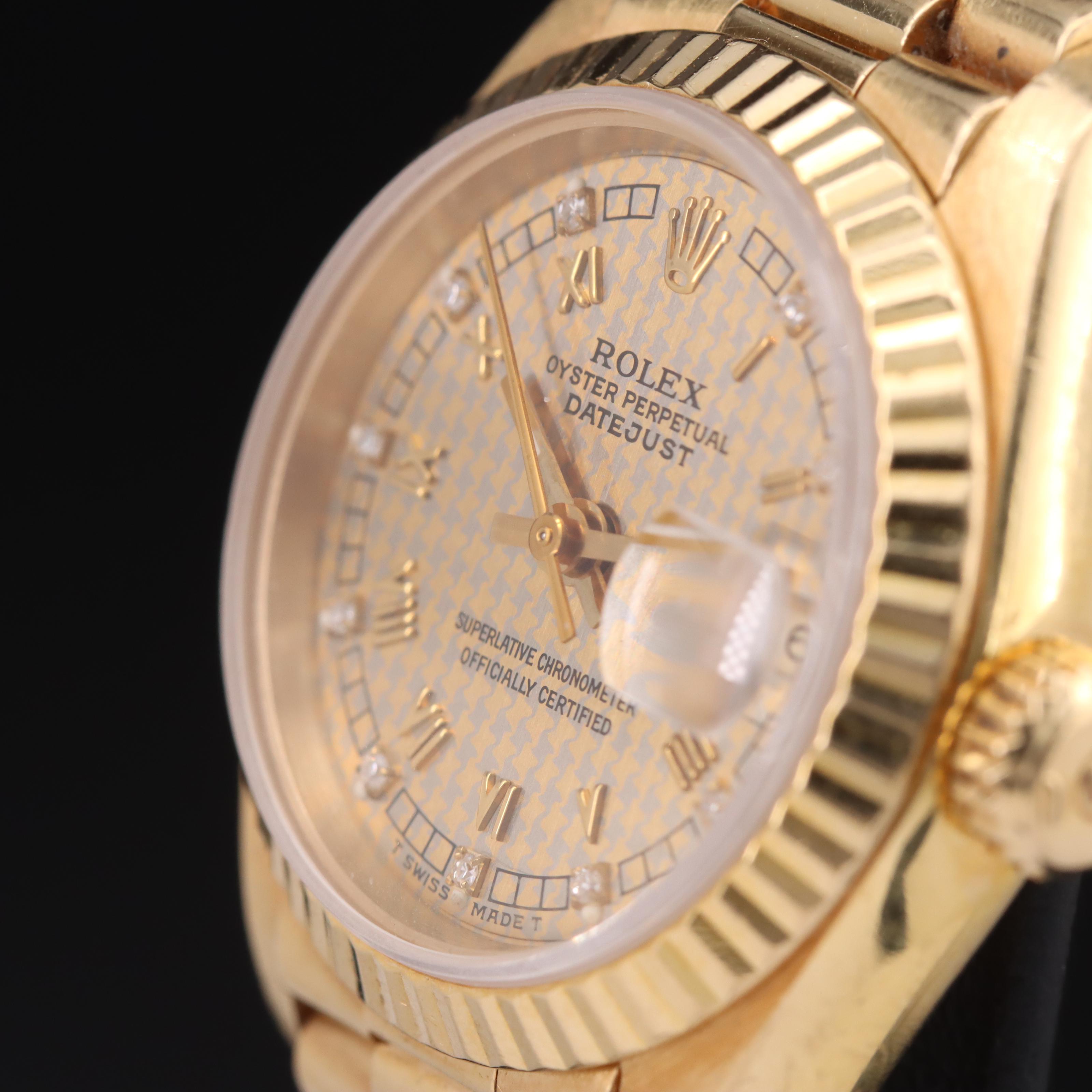 18K Rolex Houndstooth Diamond Dial Datejust Watch with President Watch Band