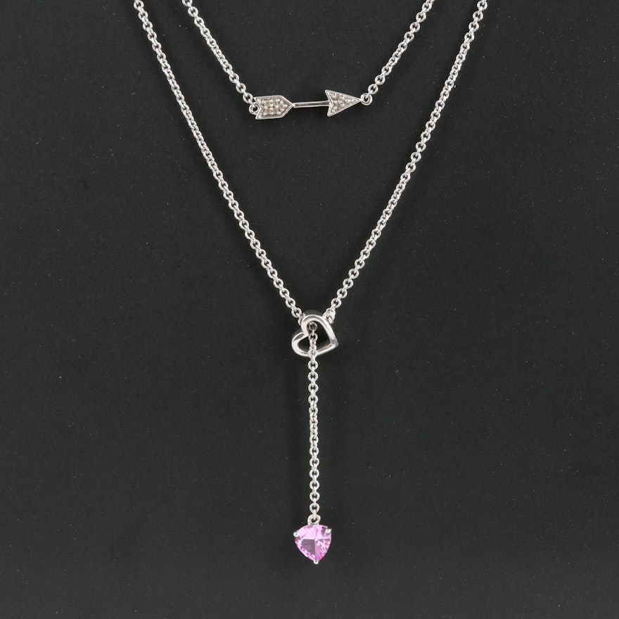 Sterling Pink and White Sapphire Arrow with Heart Necklace