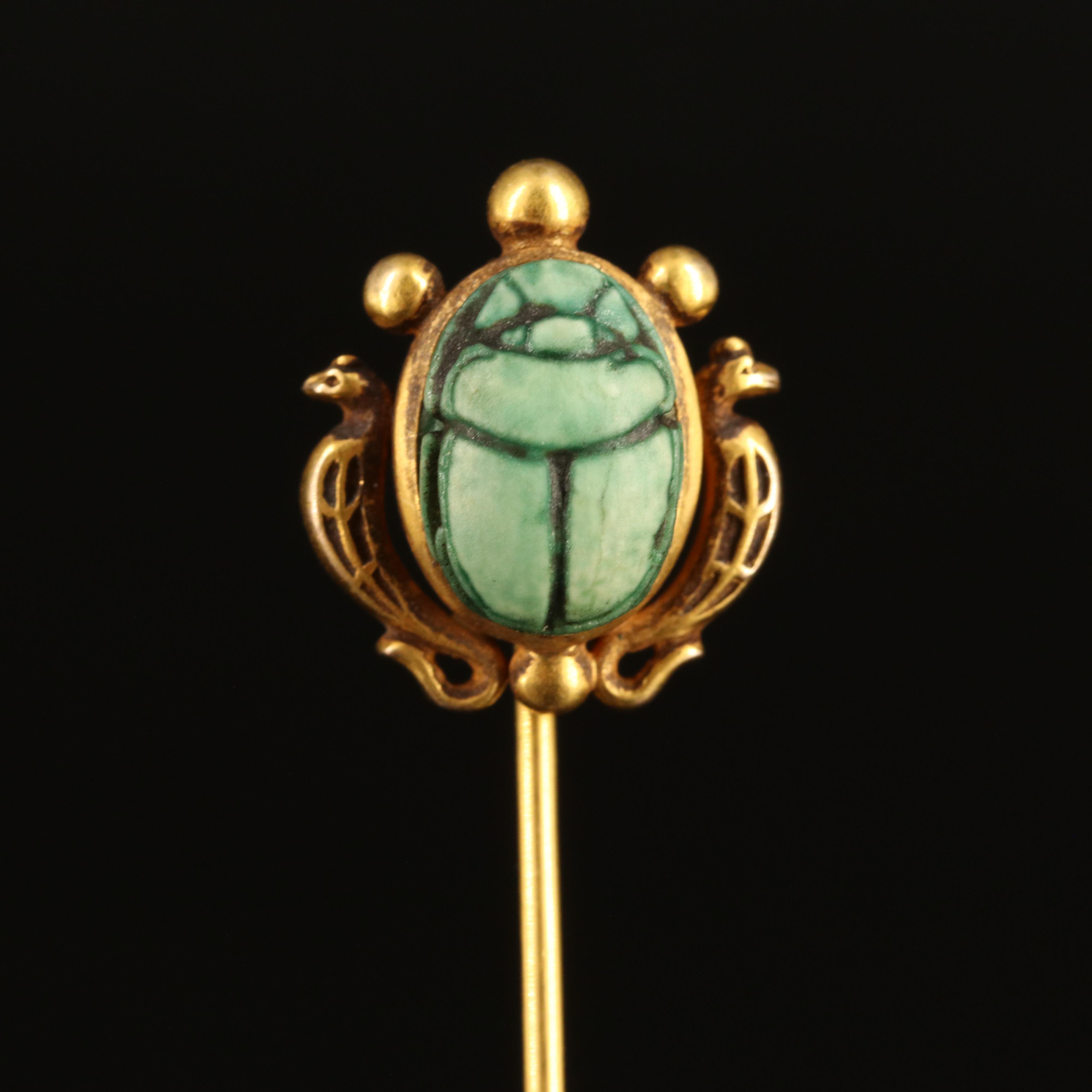 Antique Egyptian Revival 14K Faience Scarab Stick Pin