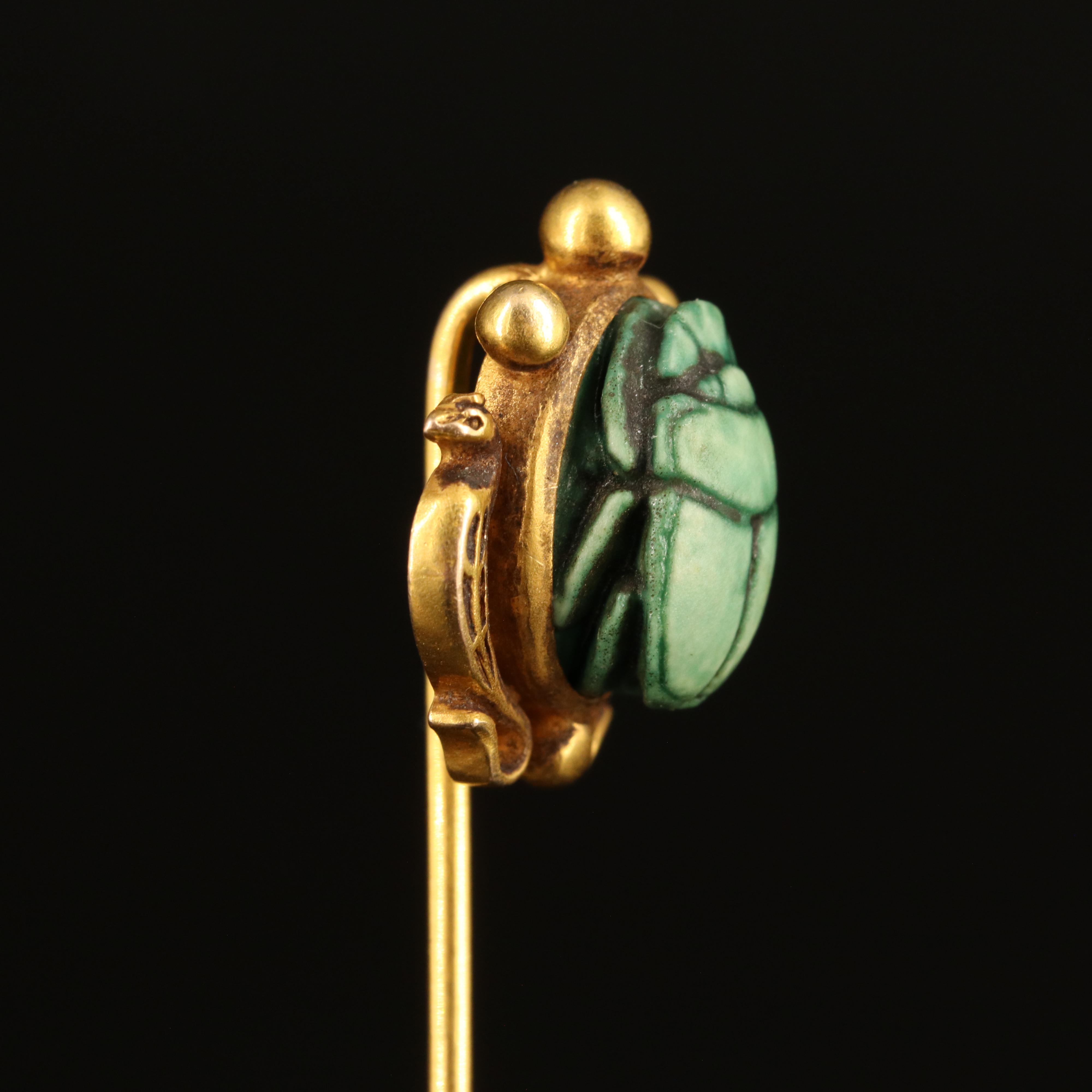 Antique Egyptian Revival 14K Faience Scarab Stick Pin