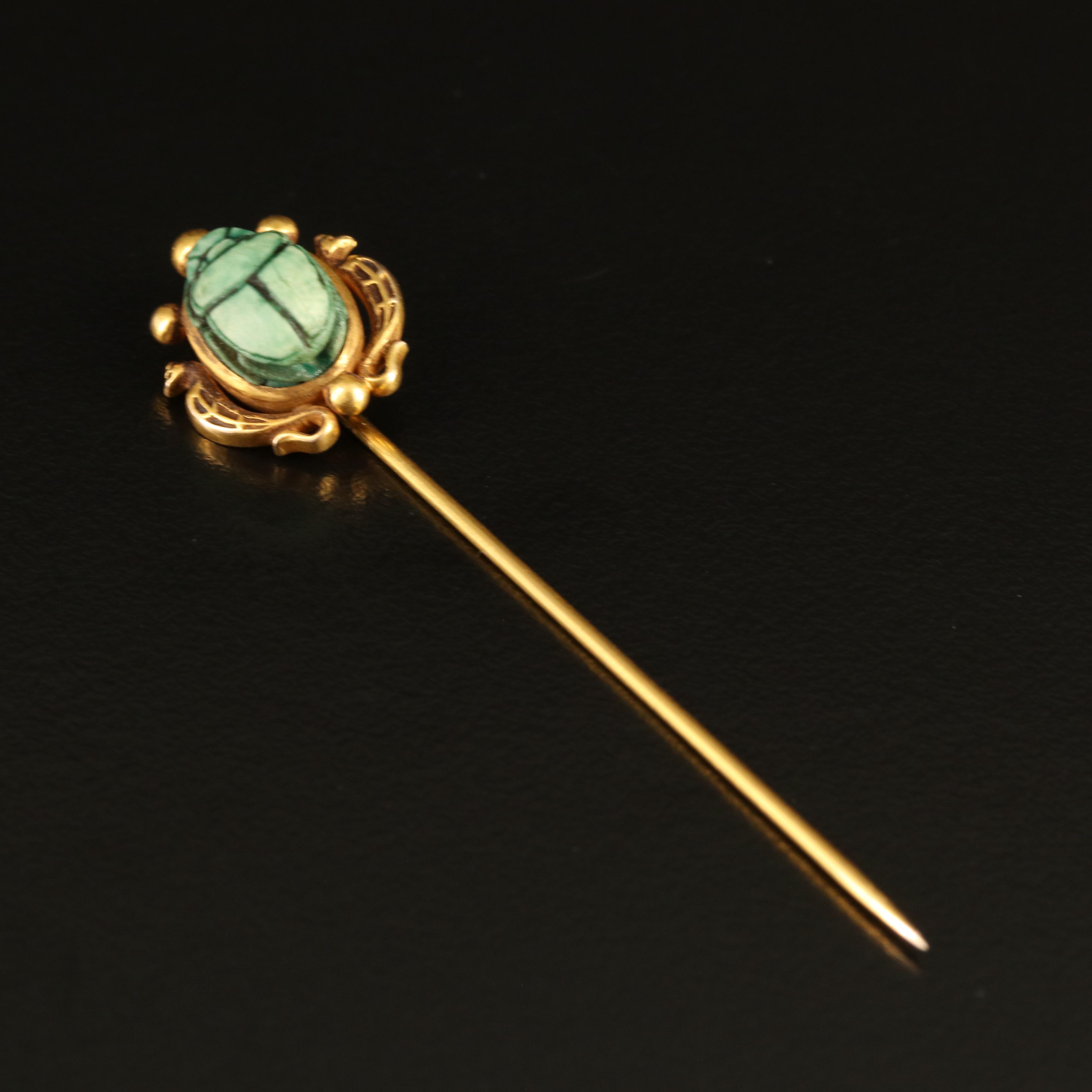 Antique Egyptian Revival 14K Faience Scarab Stick Pin
