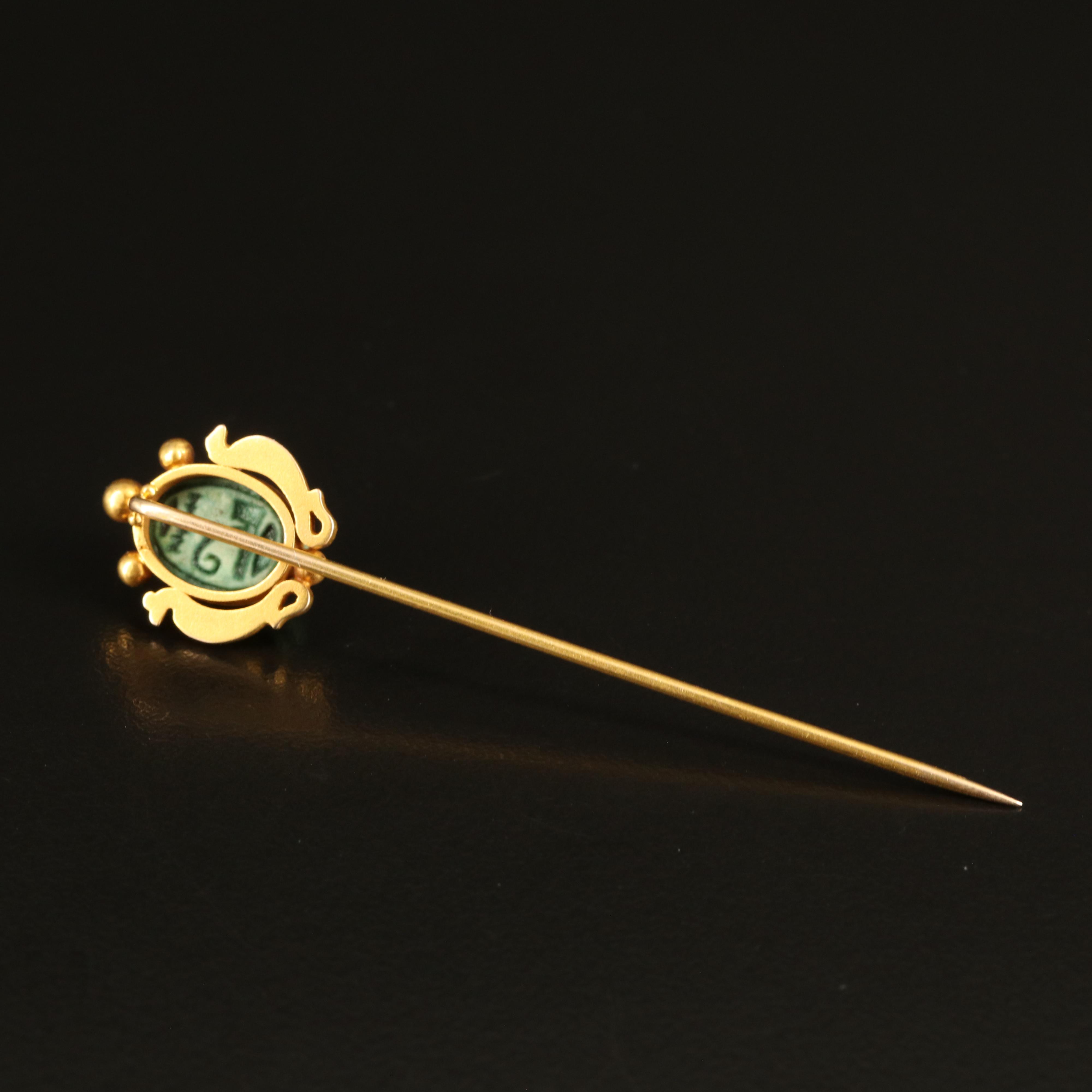 Antique Egyptian Revival 14K Faience Scarab Stick Pin