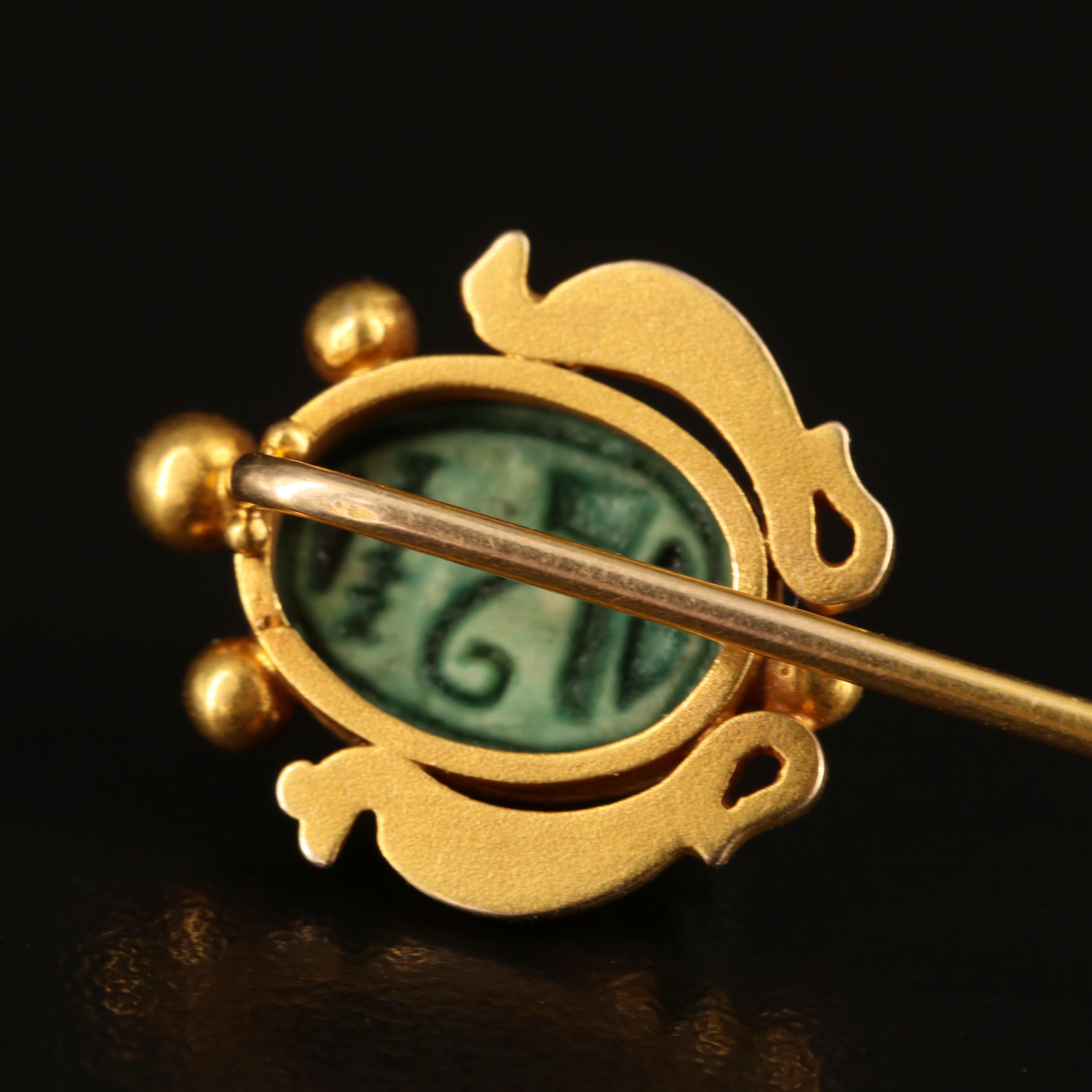 Antique Egyptian Revival 14K Faience Scarab Stick Pin