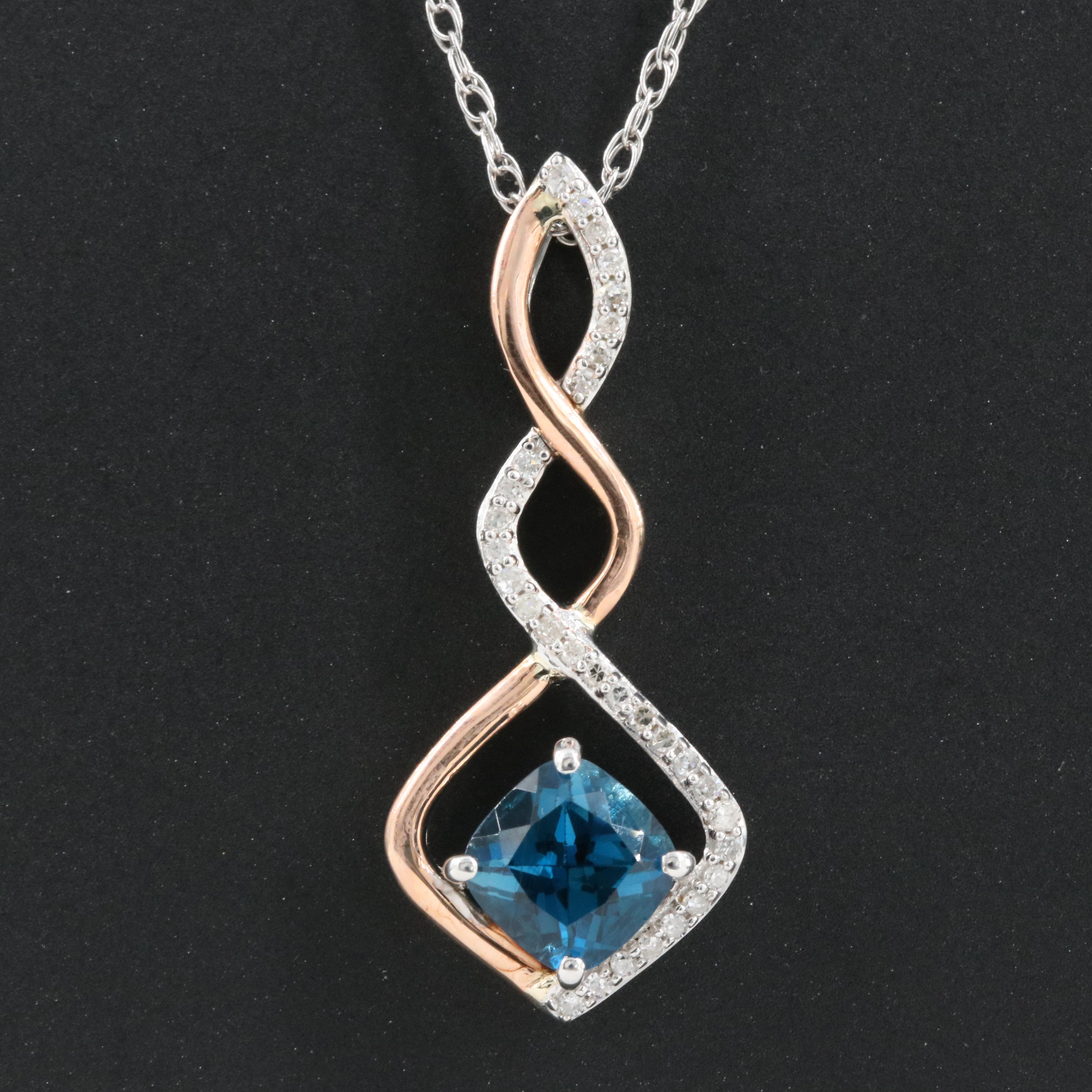 Sterling London Blue Topaz and Diamond Necklace with 10K Rose Gold Accents