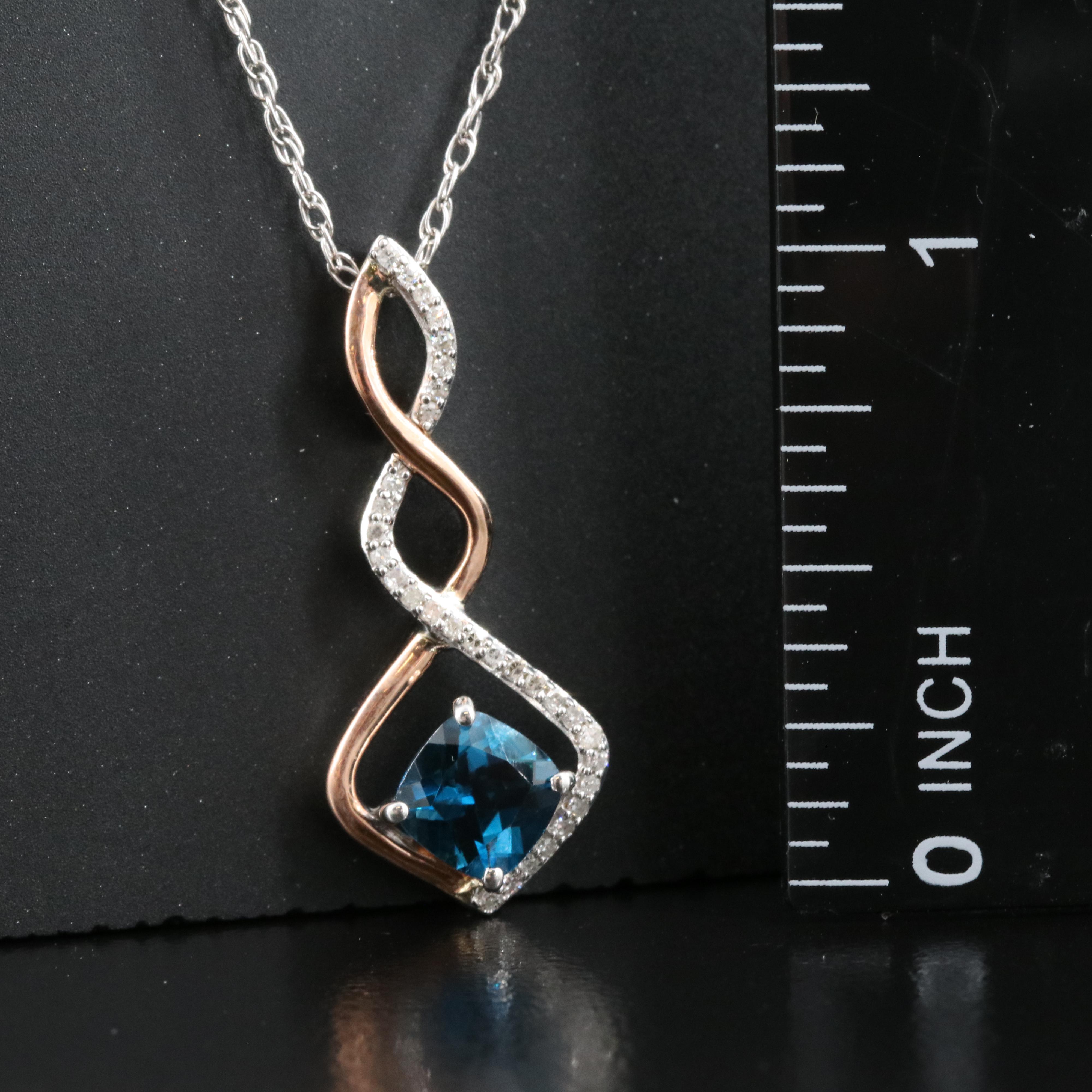 Sterling London Blue Topaz and Diamond Necklace with 10K Rose Gold Accents