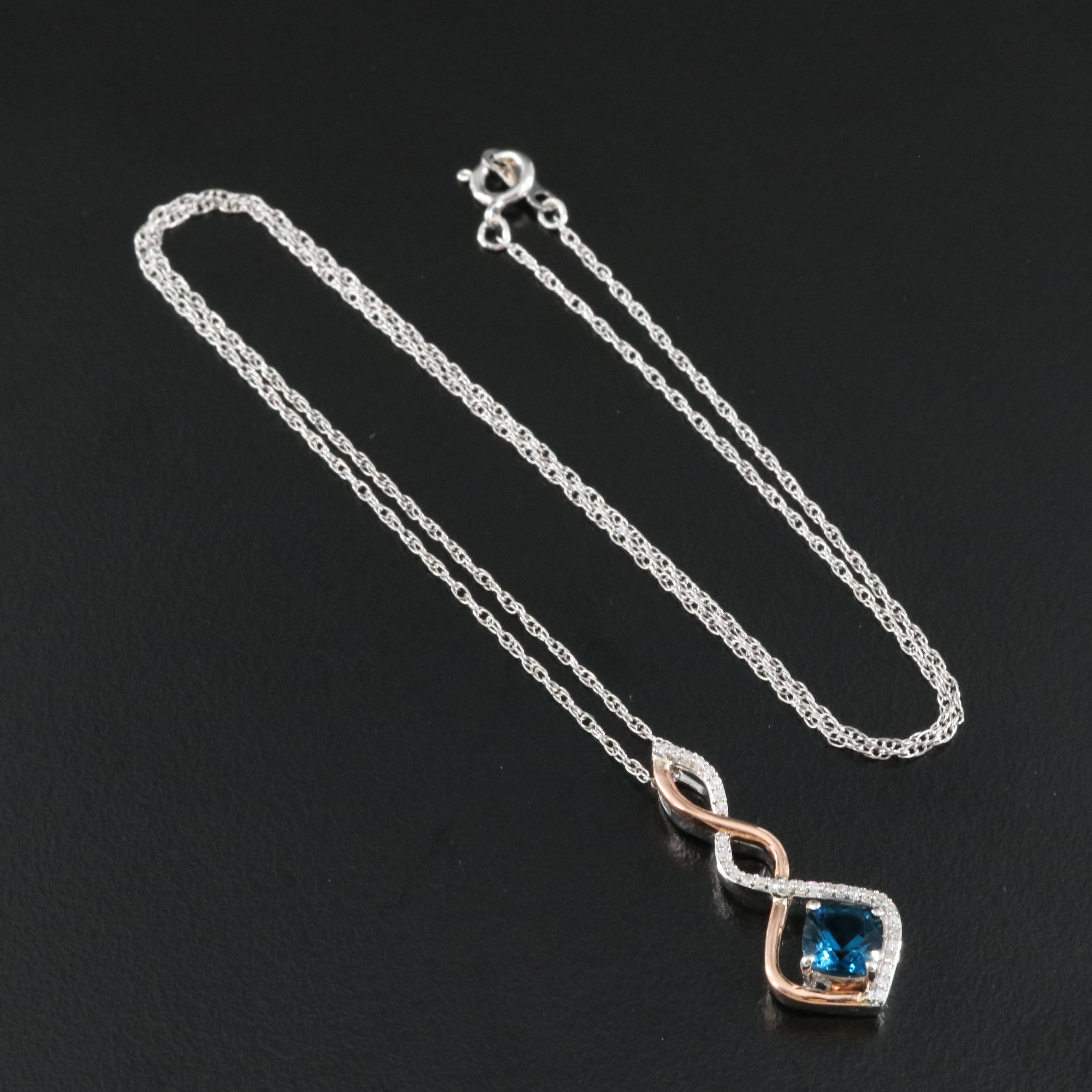 Sterling London Blue Topaz and Diamond Necklace with 10K Rose Gold Accents