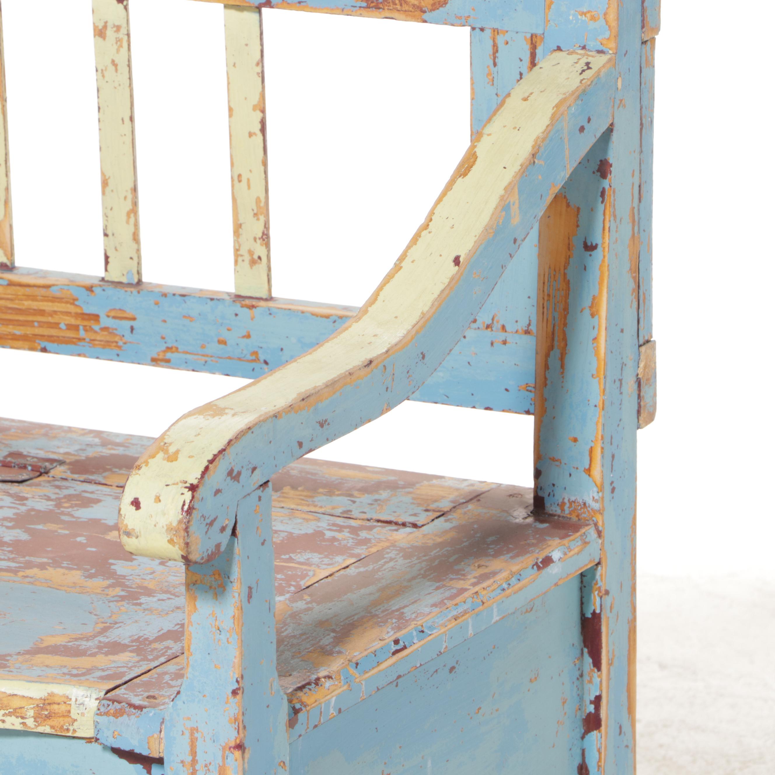 Austrian Painted Pine Settle Bench with Kilim Pillow