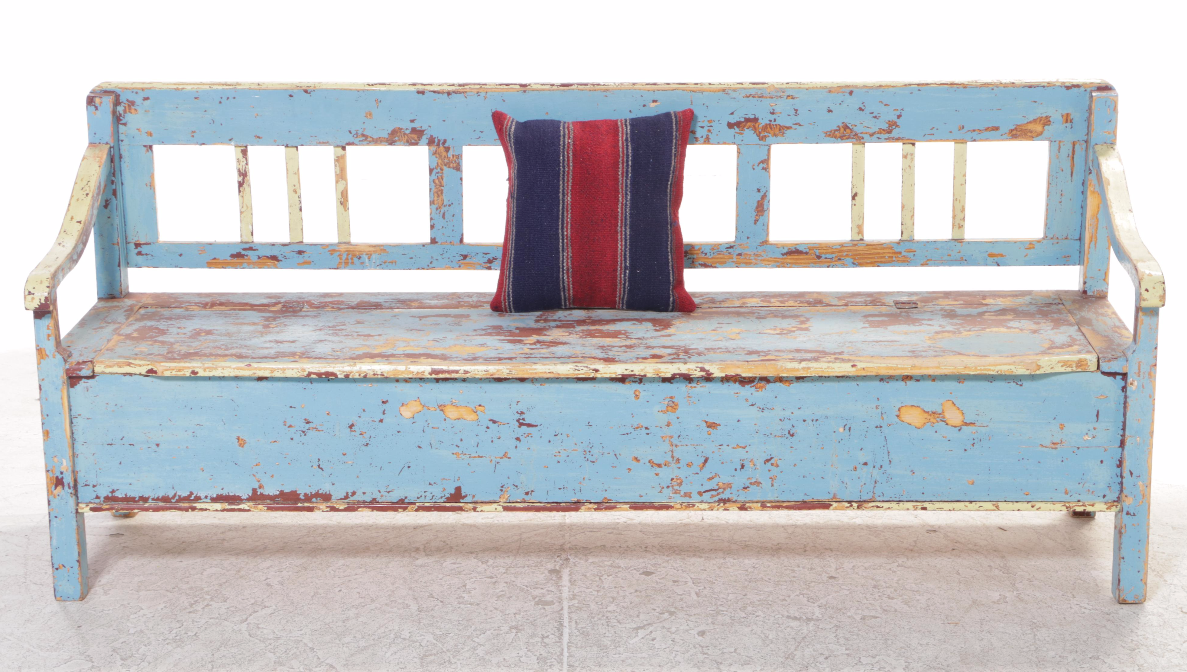 Austrian Painted Pine Settle Bench with Kilim Pillow