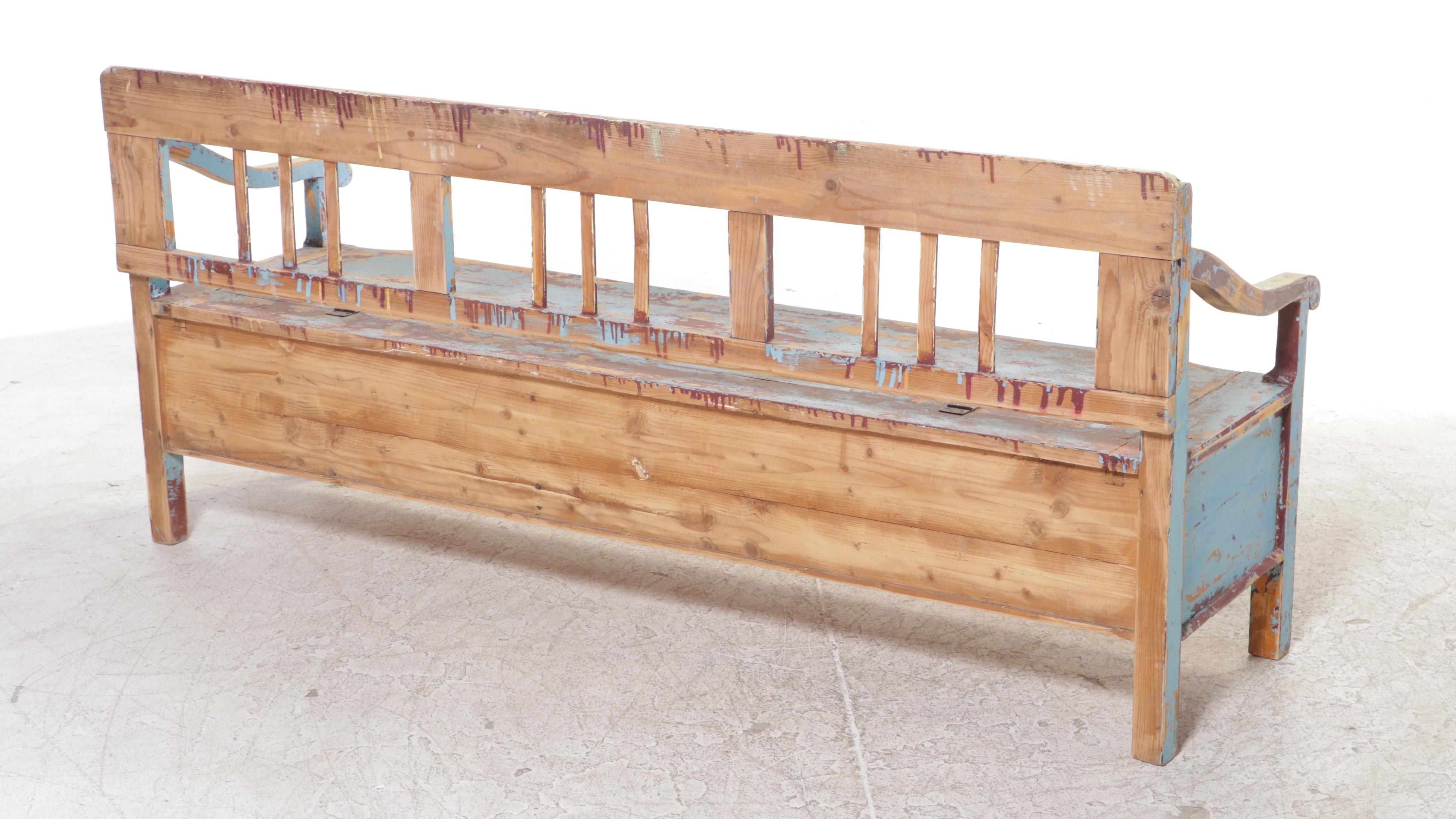 Austrian Painted Pine Settle Bench with Kilim Pillow