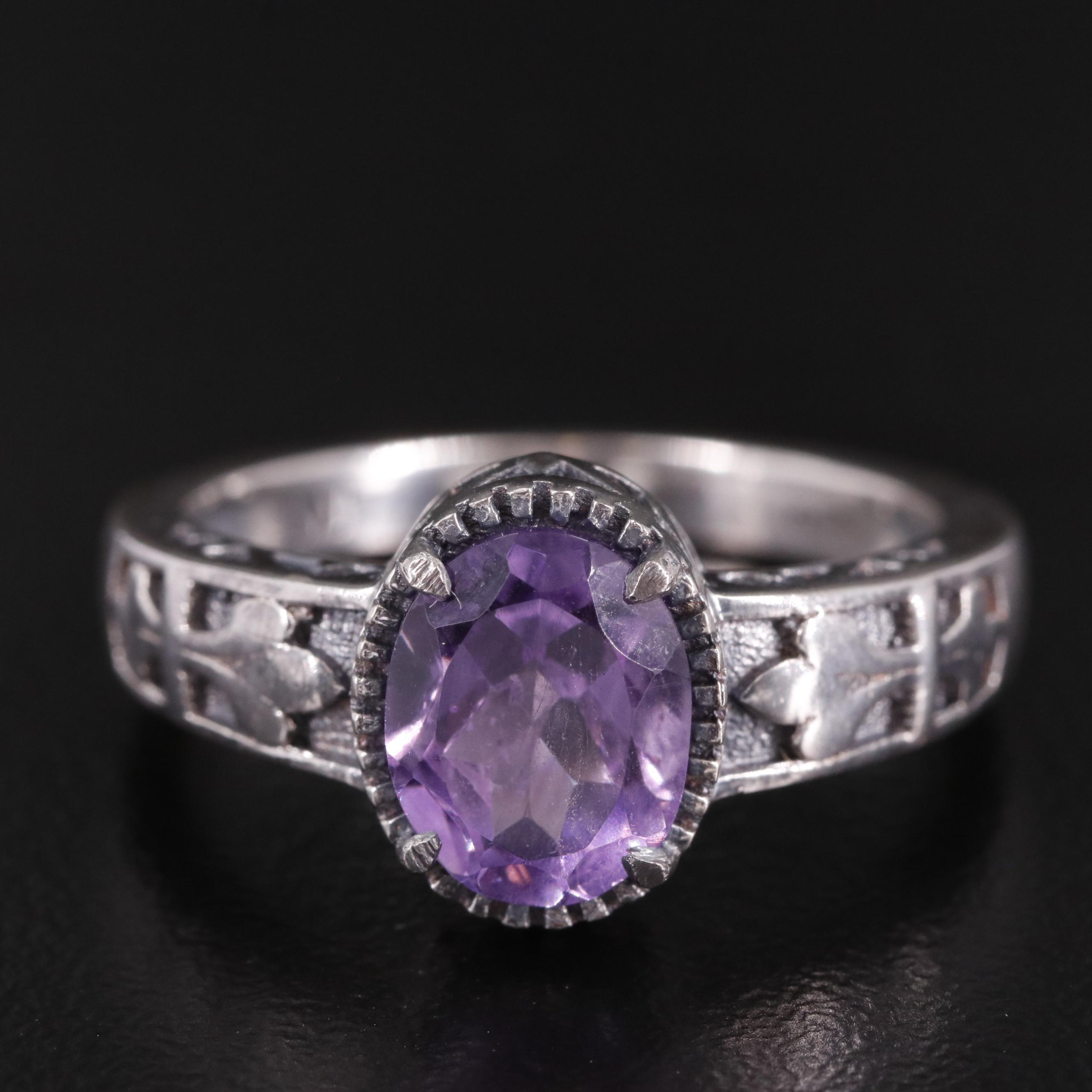 Sterling Oval Amethyst Textured Band Ring