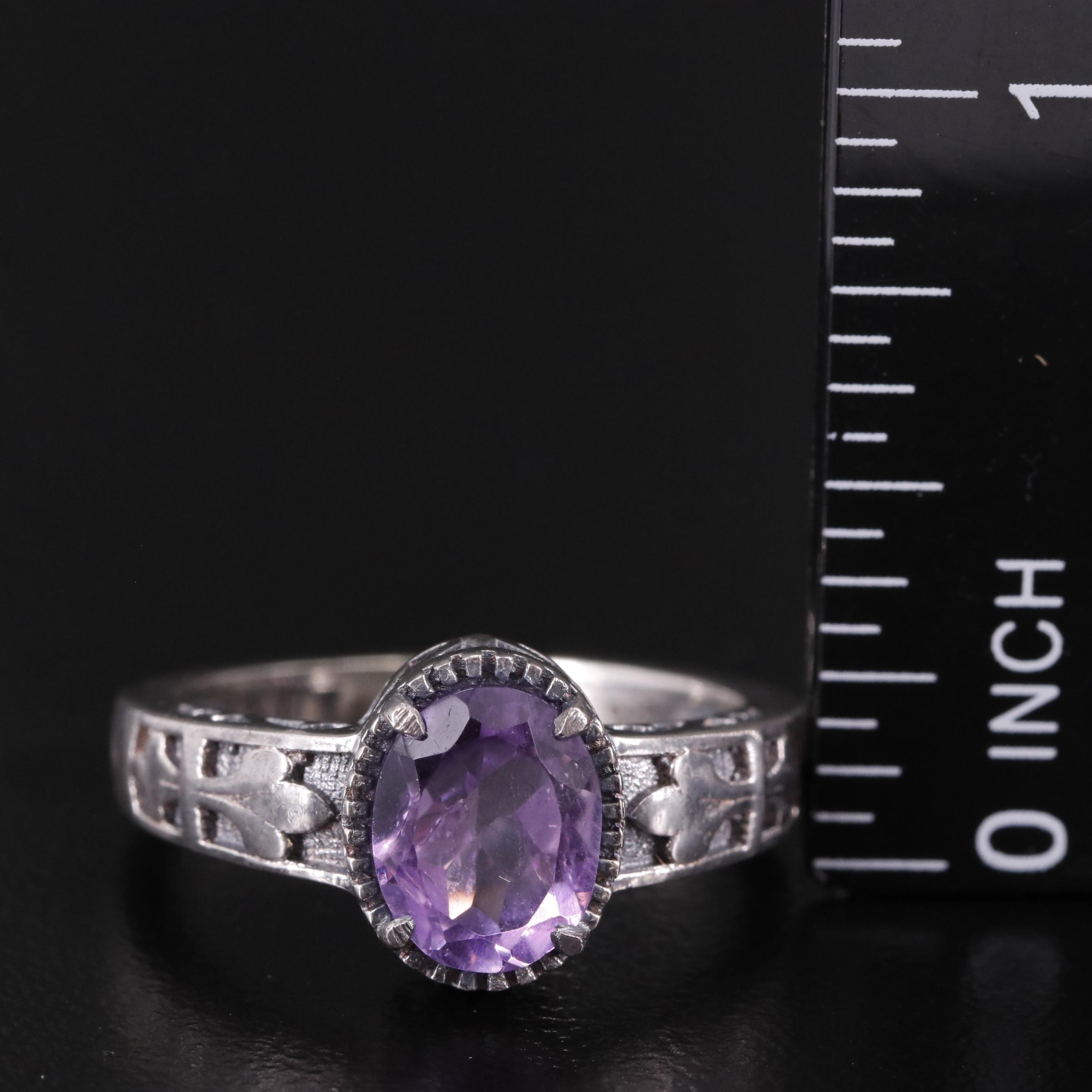 Sterling Oval Amethyst Textured Band Ring