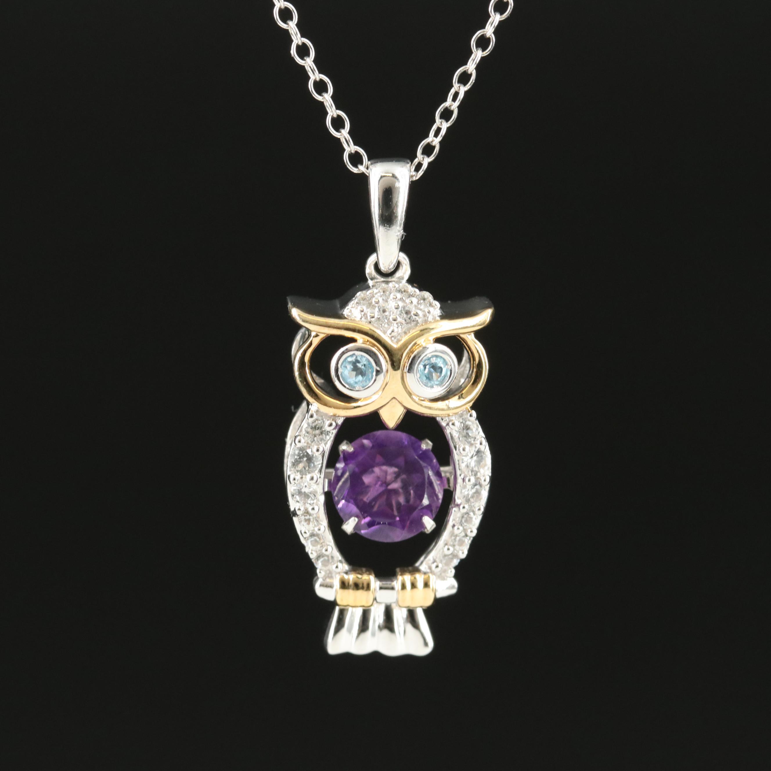 Sterling Amethyst, Sky Blue Topaz and White Sapphire Owl Pendant Necklace