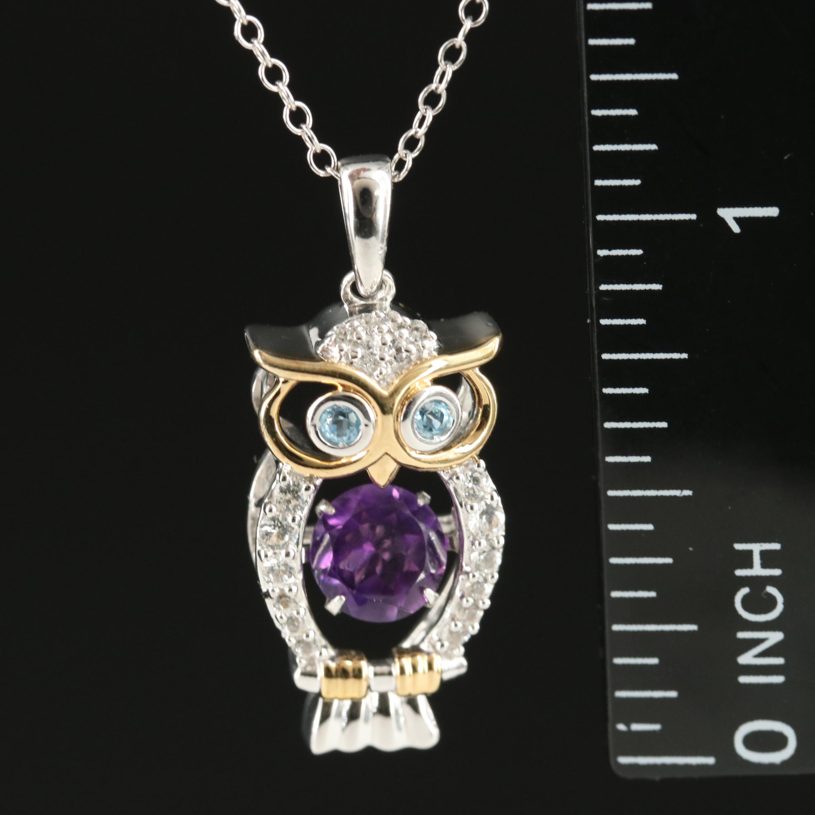 Sterling Amethyst, Sky Blue Topaz and White Sapphire Owl Pendant Necklace