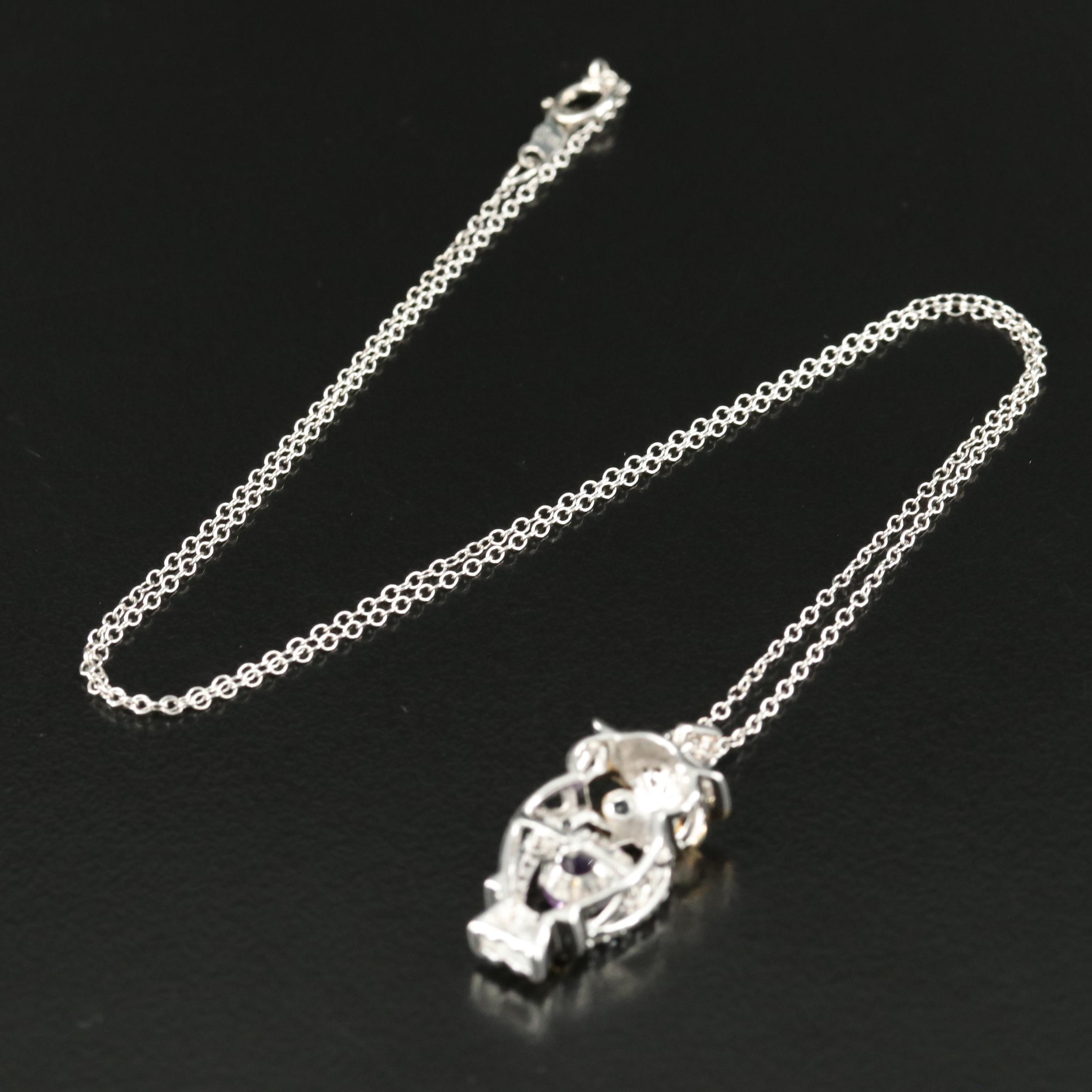 Sterling Amethyst, Sky Blue Topaz and White Sapphire Owl Pendant Necklace