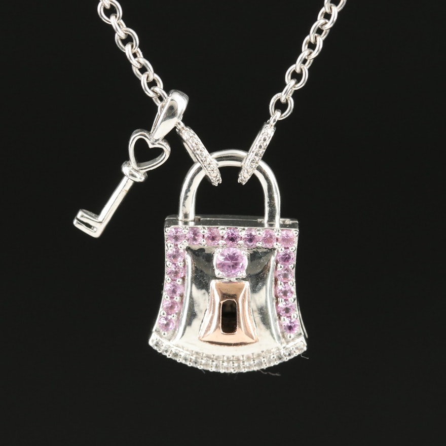 Sterling Sapphire Lock and Key Pendant Necklace