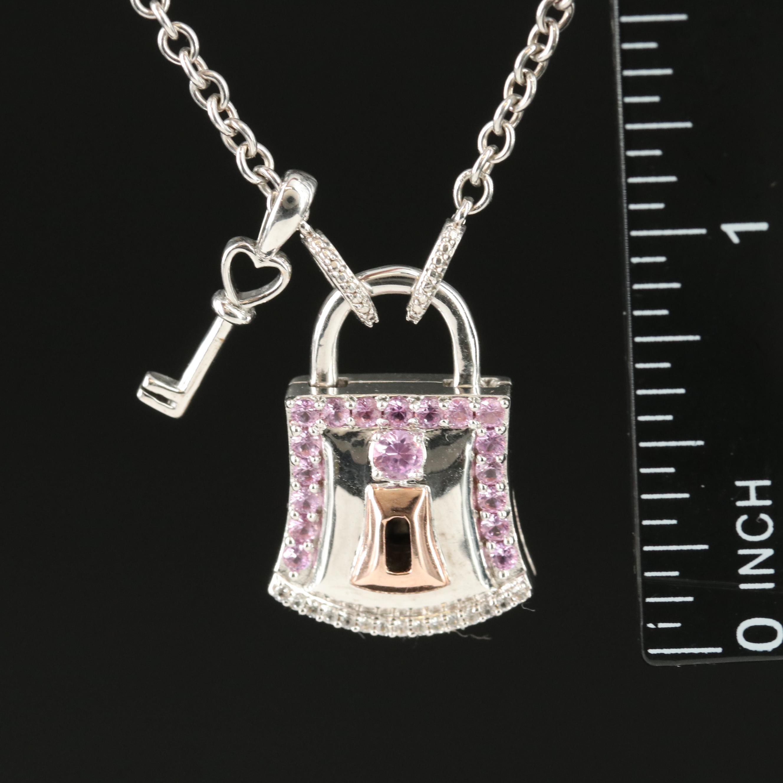 Sterling Sapphire Lock and Key Pendant Necklace