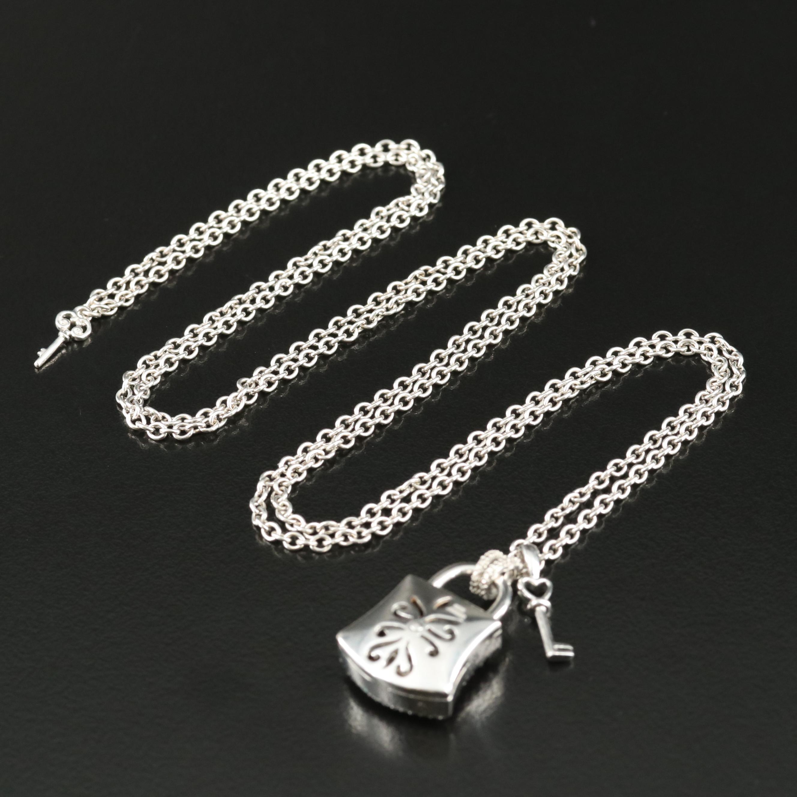 Sterling Sapphire Lock and Key Pendant Necklace
