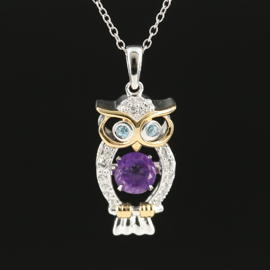 Sterling Amethyst, Sky Topaz and White Sapphire Owl Pendant Necklace