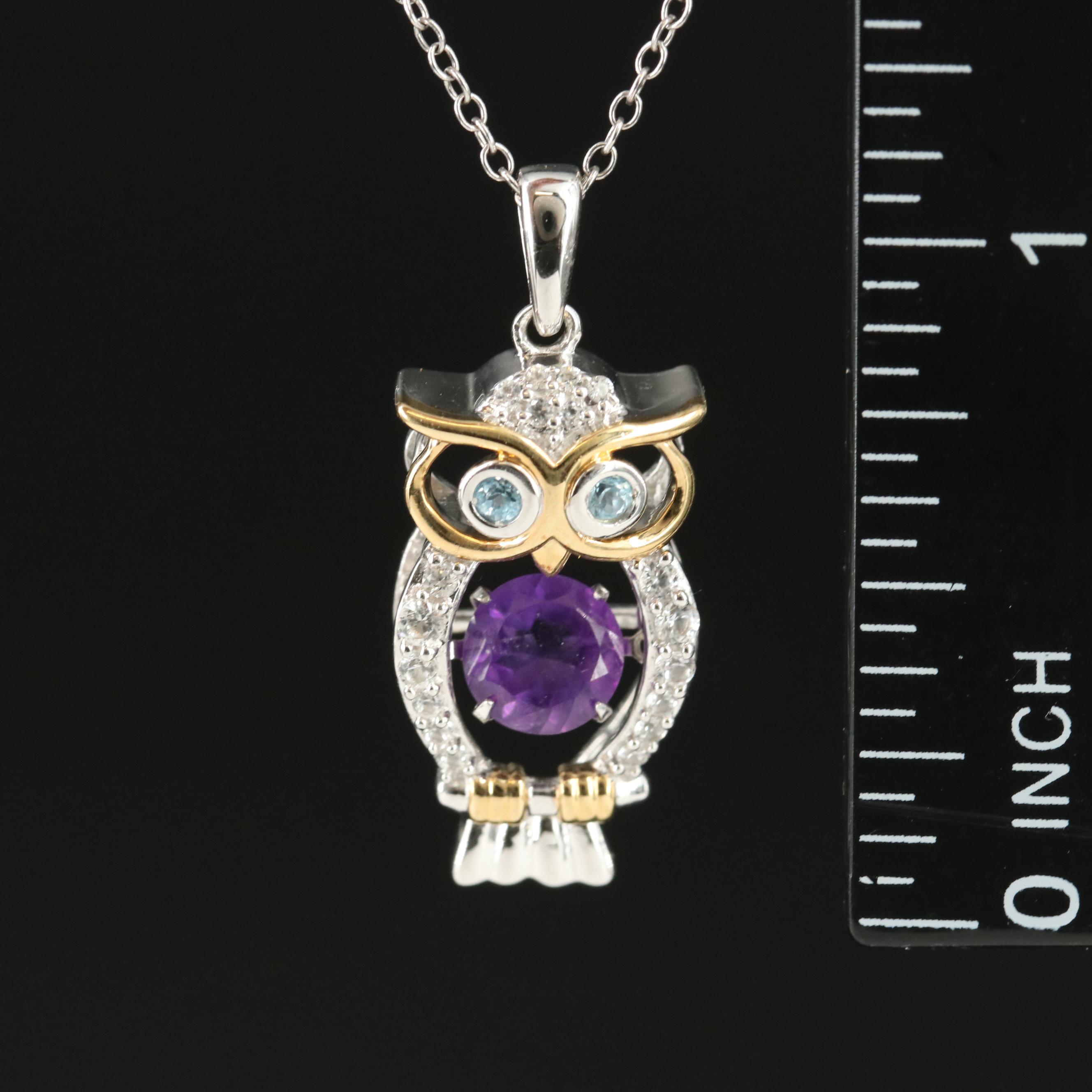 Sterling Amethyst, Sky Topaz and White Sapphire Owl Pendant Necklace