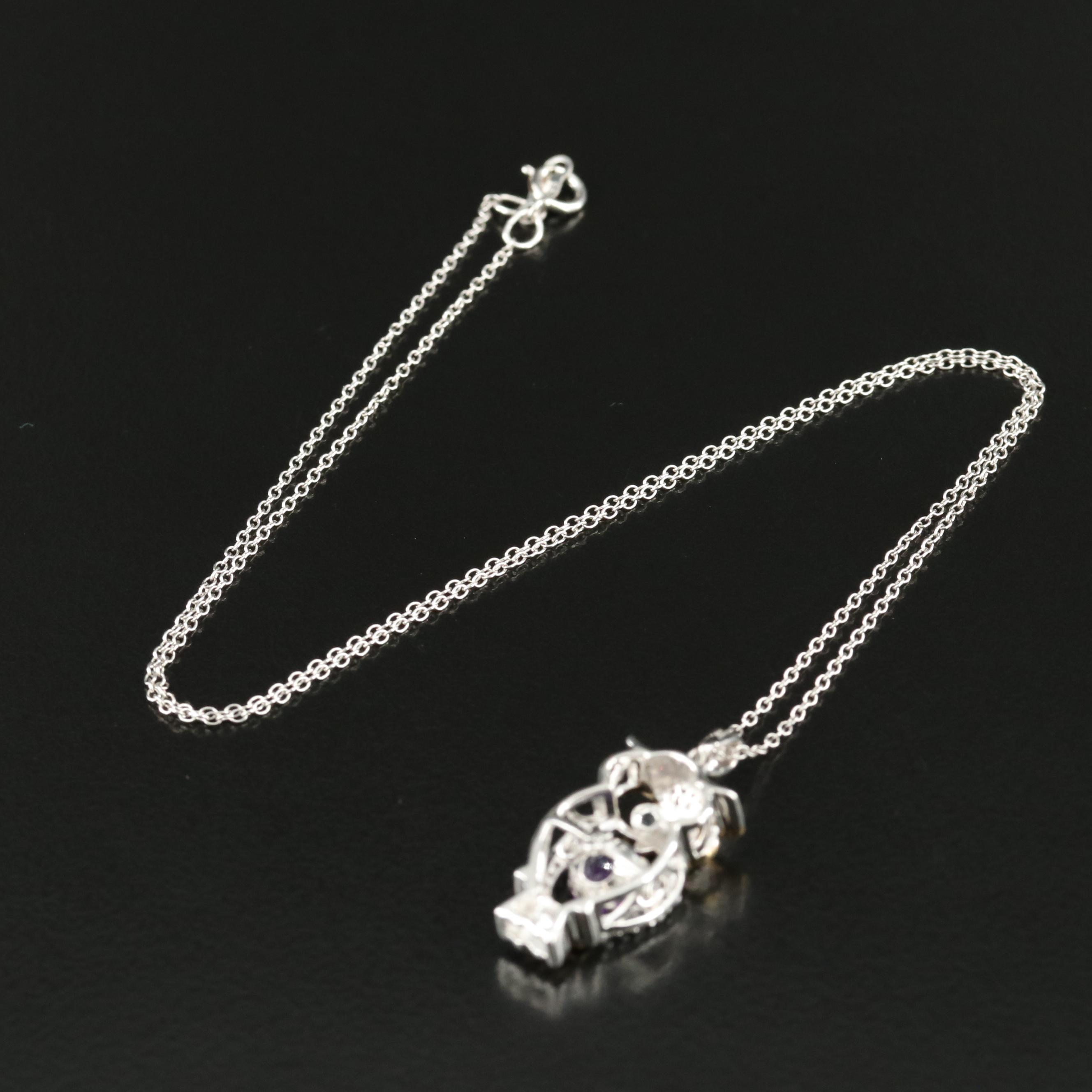 Sterling Amethyst, Sky Topaz and White Sapphire Owl Pendant Necklace