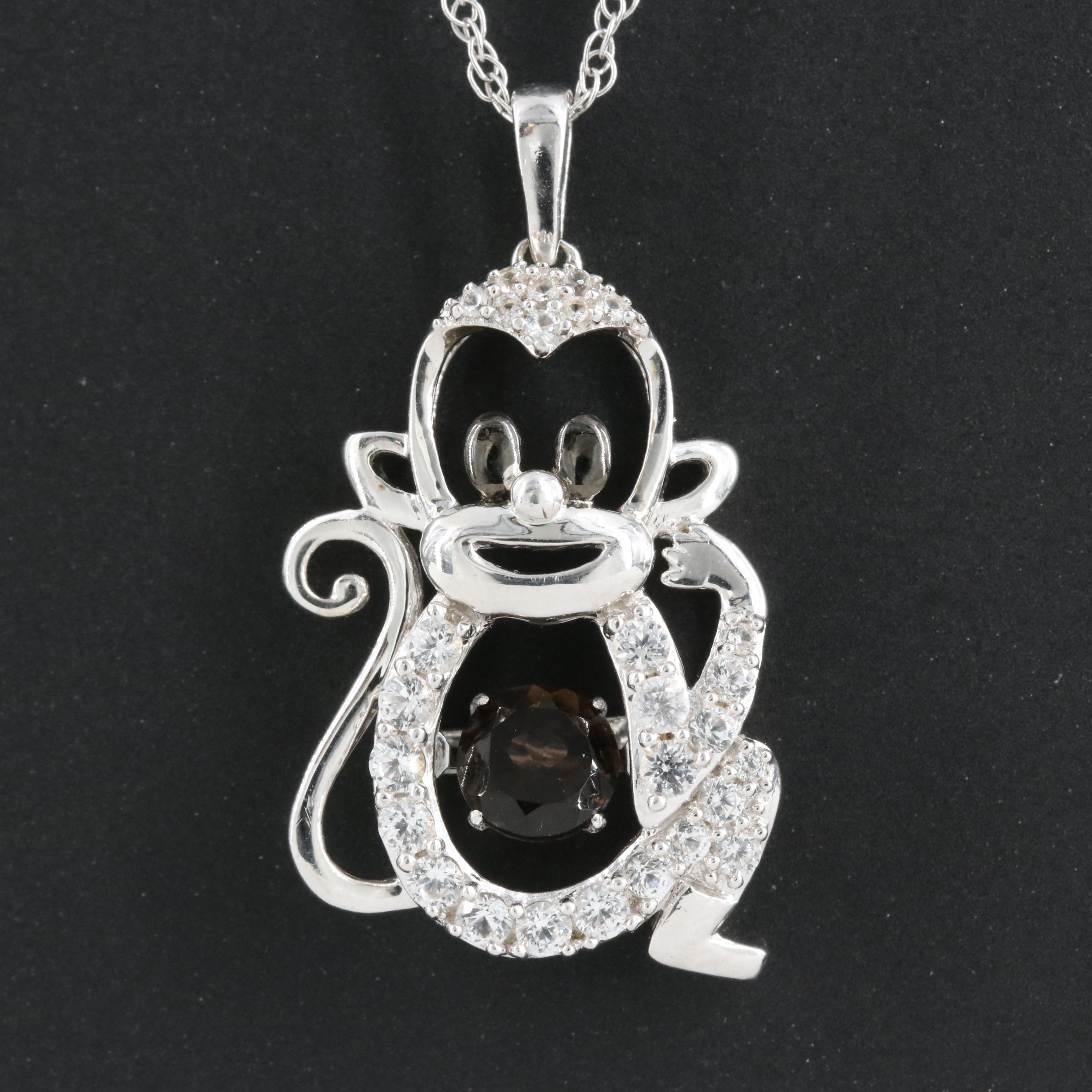 Sterling Smoky Quartz and Sapphire Monkey Pendant Necklace