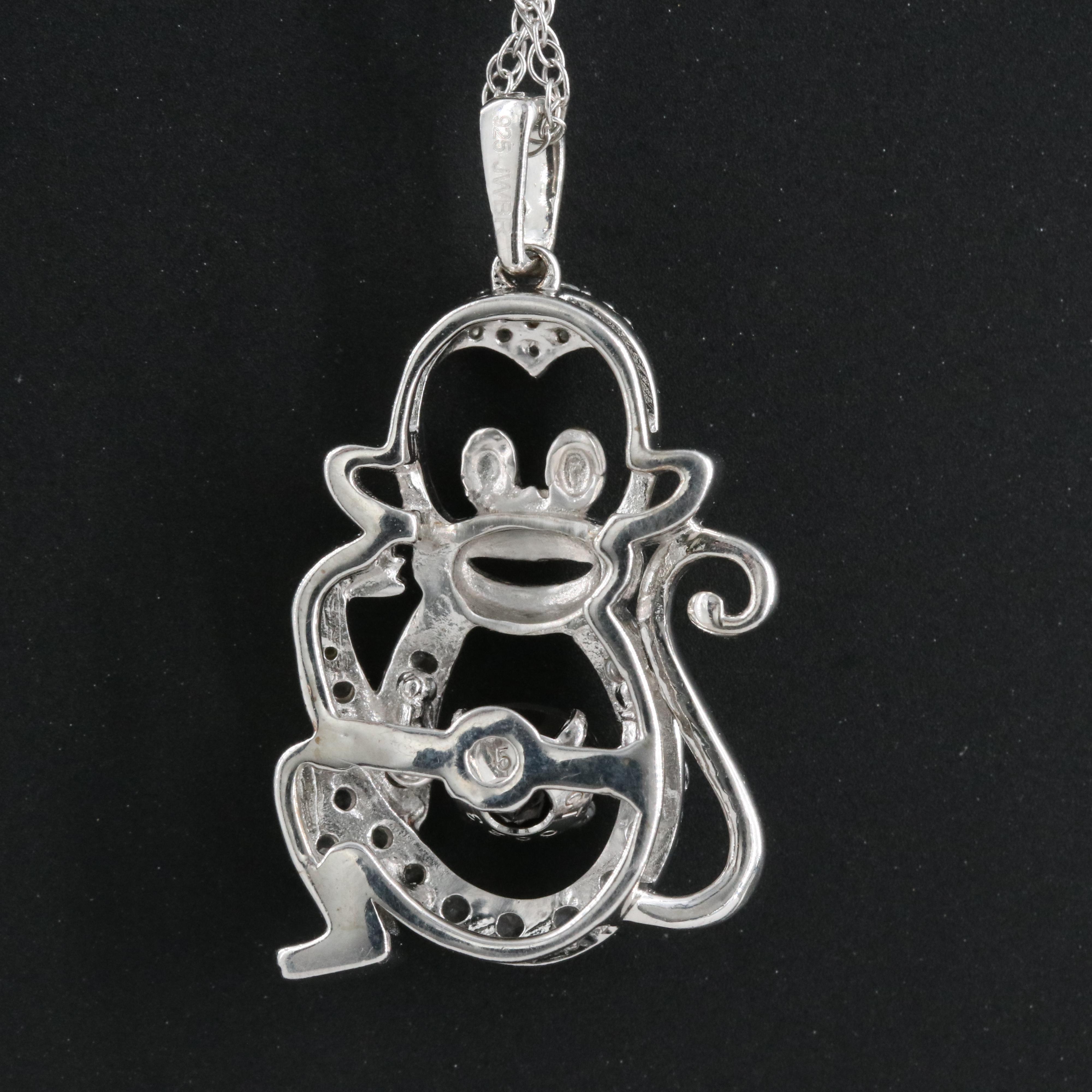 Sterling Smoky Quartz and Sapphire Monkey Pendant Necklace