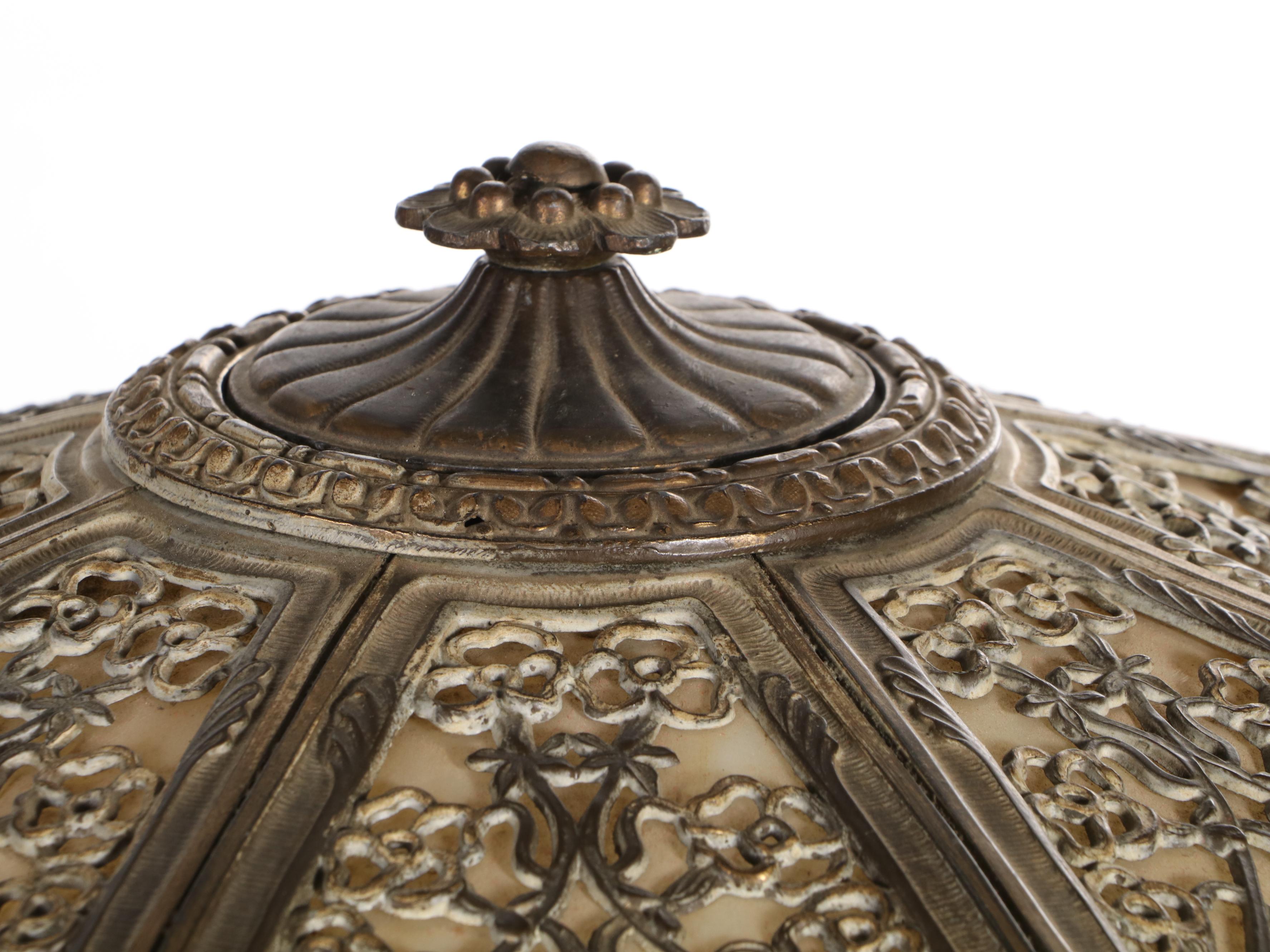 Art Nouveau Eight Panel Bent Slag Glass and Spelter Table Lamp, Early 20th C