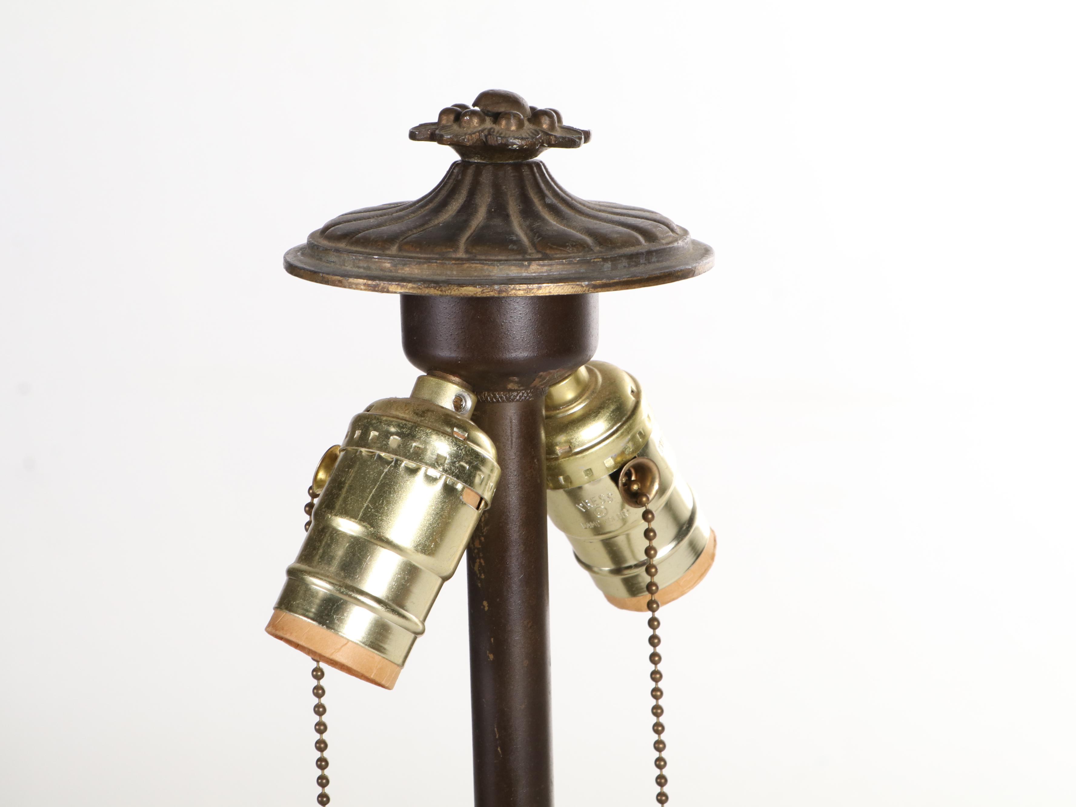 Art Nouveau Eight Panel Bent Slag Glass and Spelter Table Lamp, Early 20th C