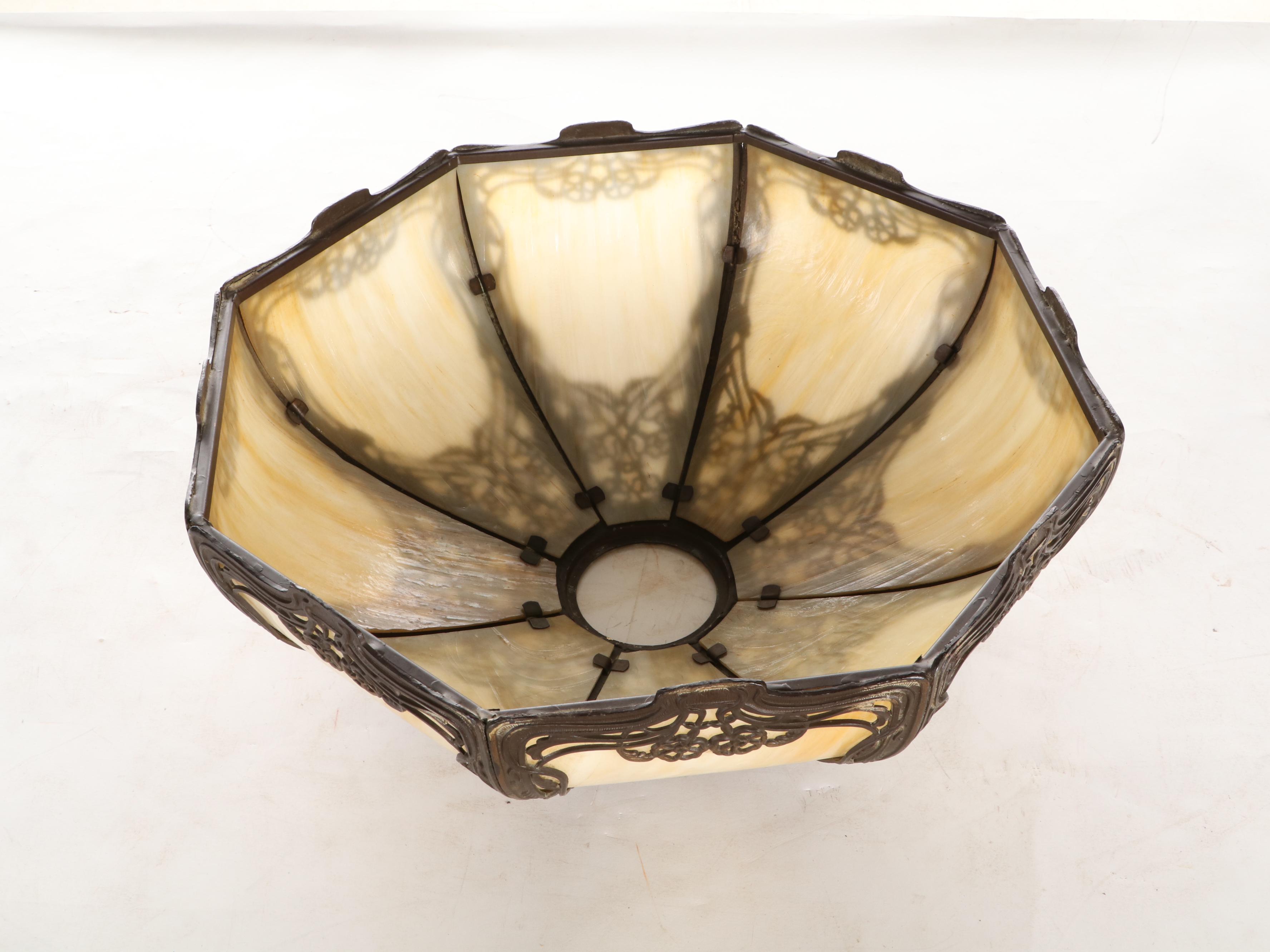 Art Nouveau Eight Panel Bent Slag Glass and Spelter Table Lamp, Early 20th C