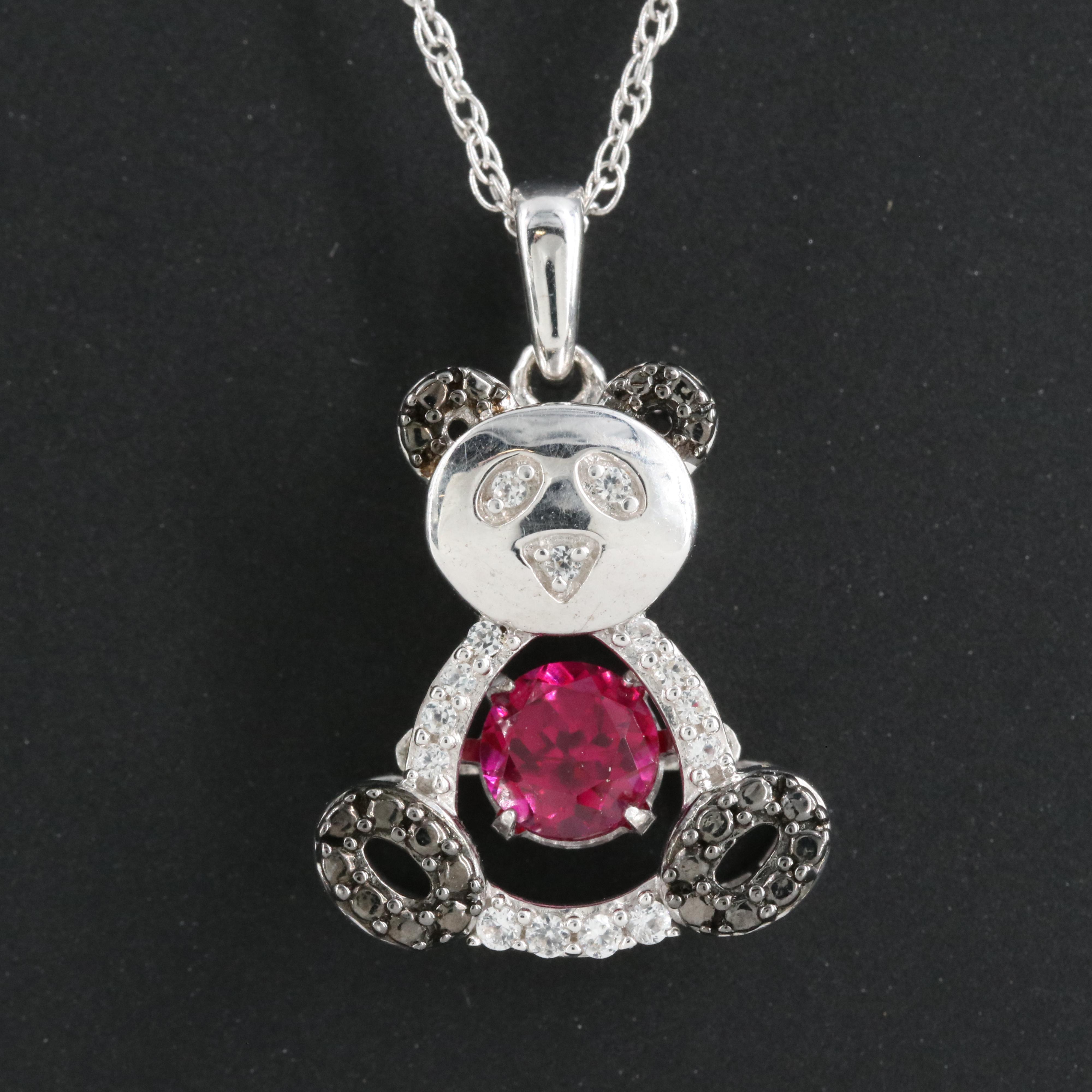 Sterling Ruby and Sapphire Panda Tremble Pendant Necklace