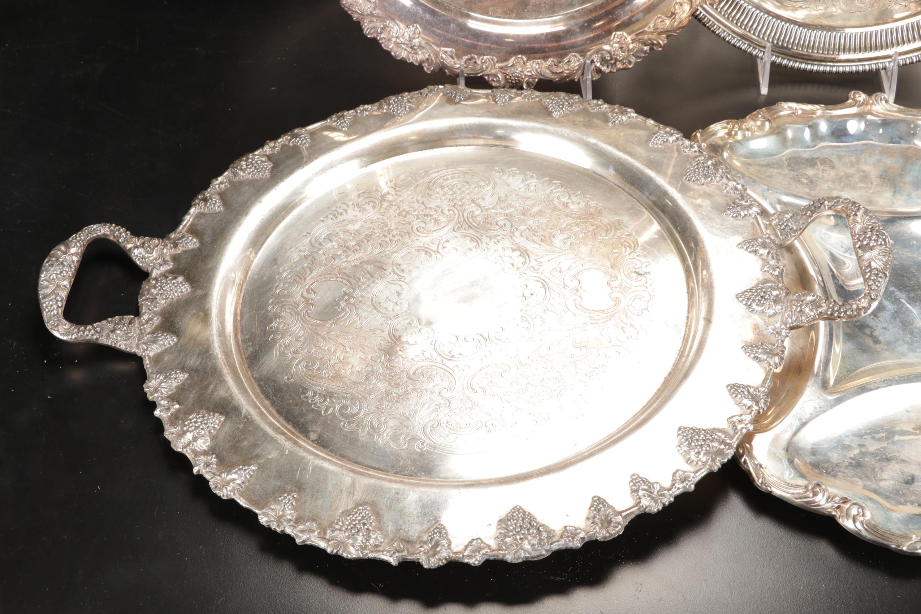 Wallace Divided Serving Platter with Other Silver Plate Trays, Mid-Late 20th C.