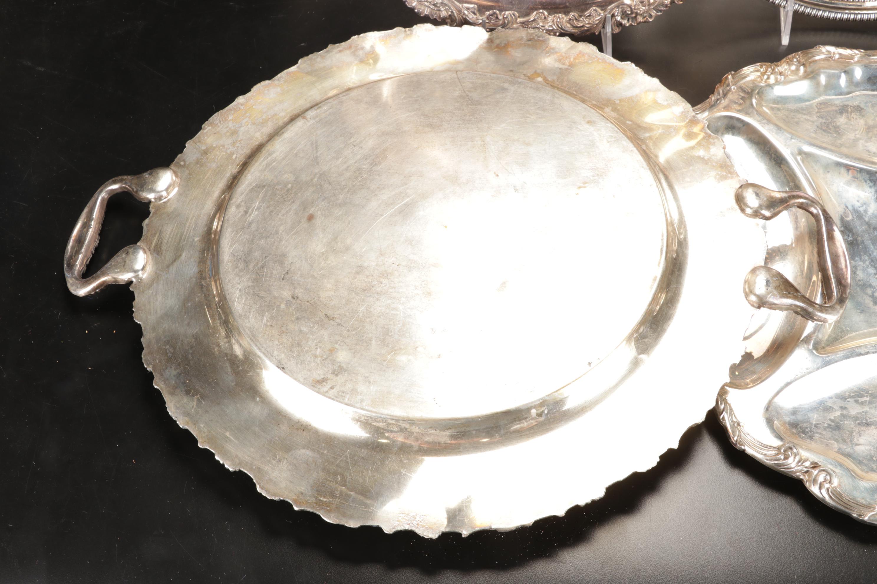 Wallace Divided Serving Platter with Other Silver Plate Trays, Mid-Late 20th C.