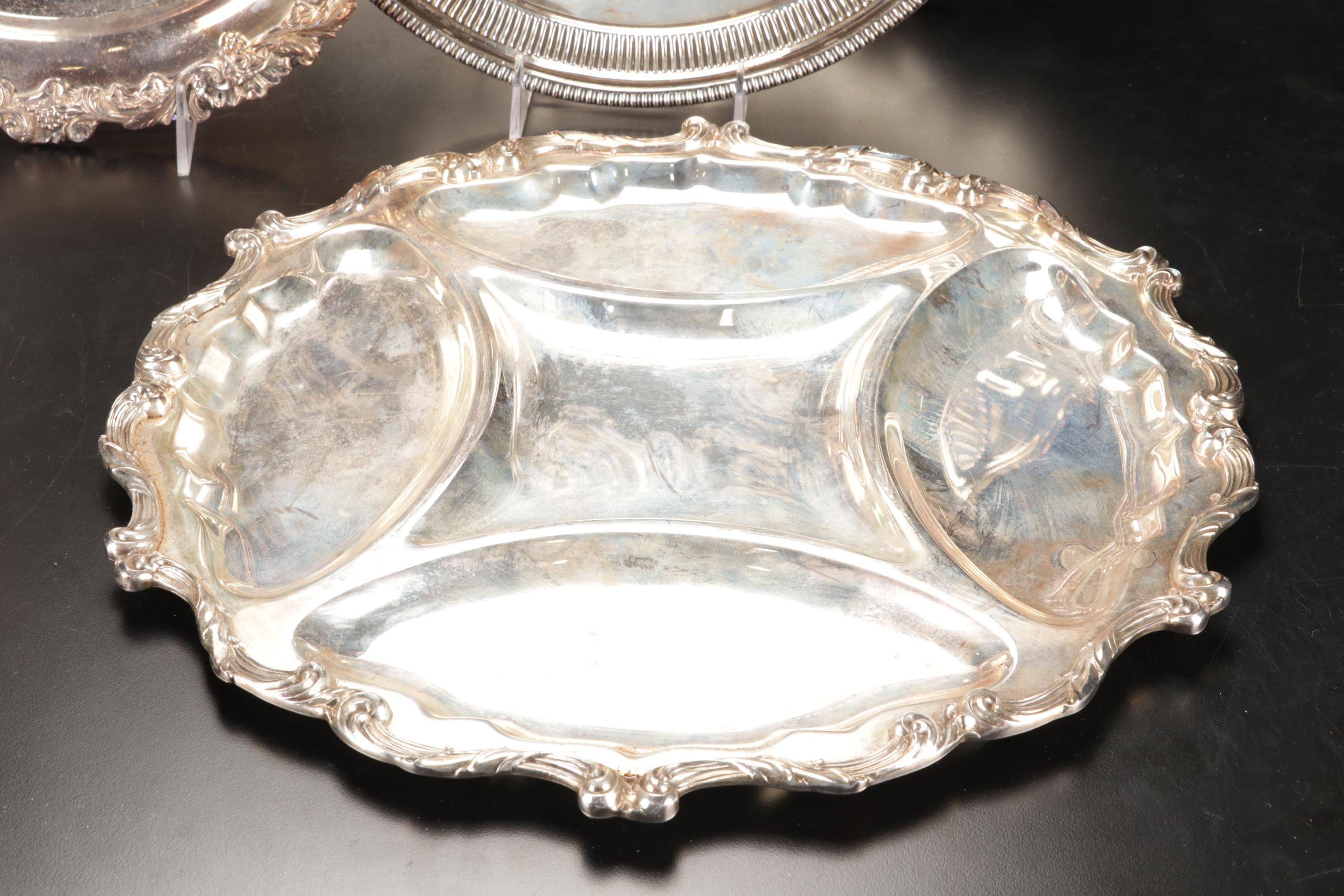Wallace Divided Serving Platter with Other Silver Plate Trays, Mid-Late 20th C.