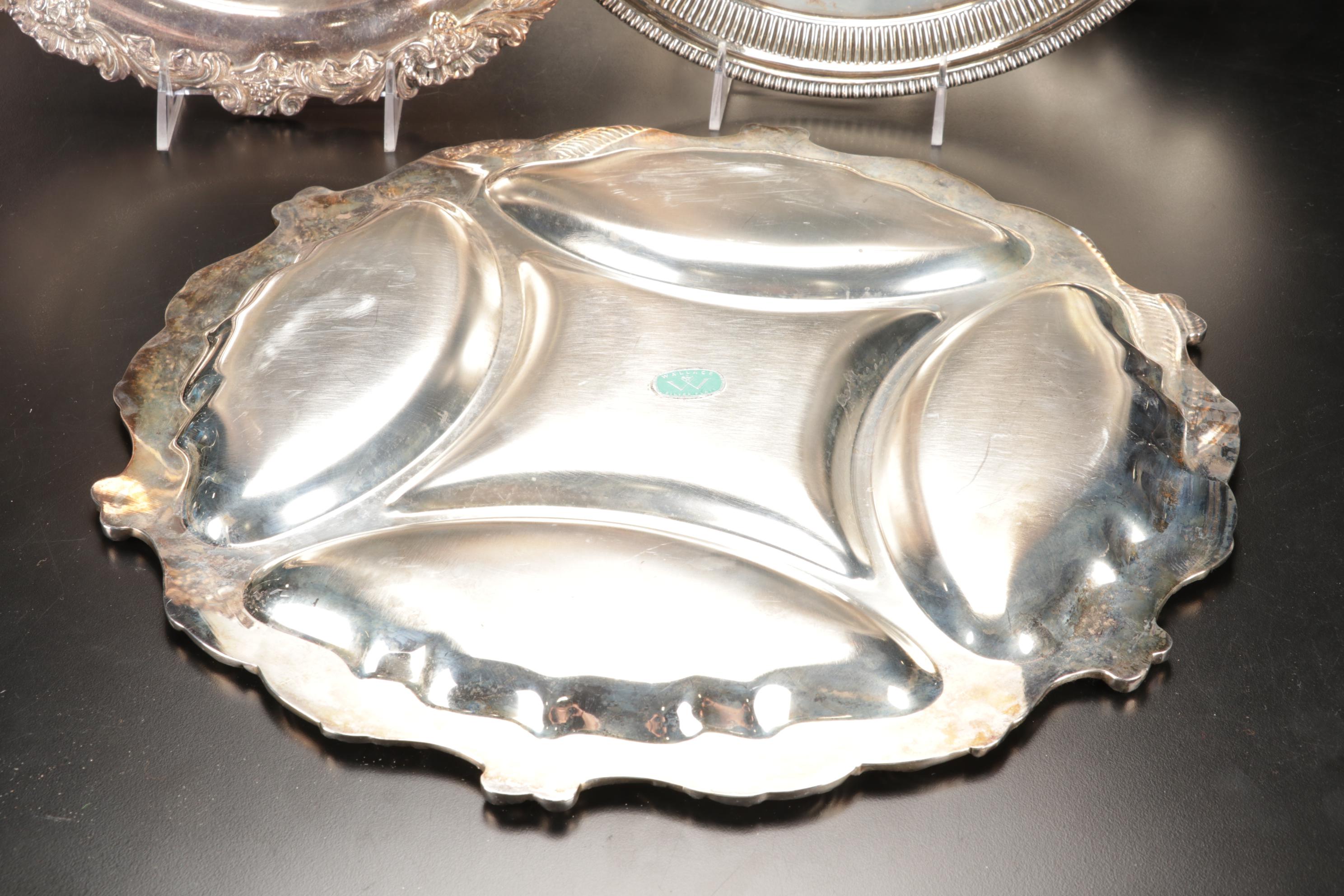 Wallace Divided Serving Platter with Other Silver Plate Trays, Mid-Late 20th C.