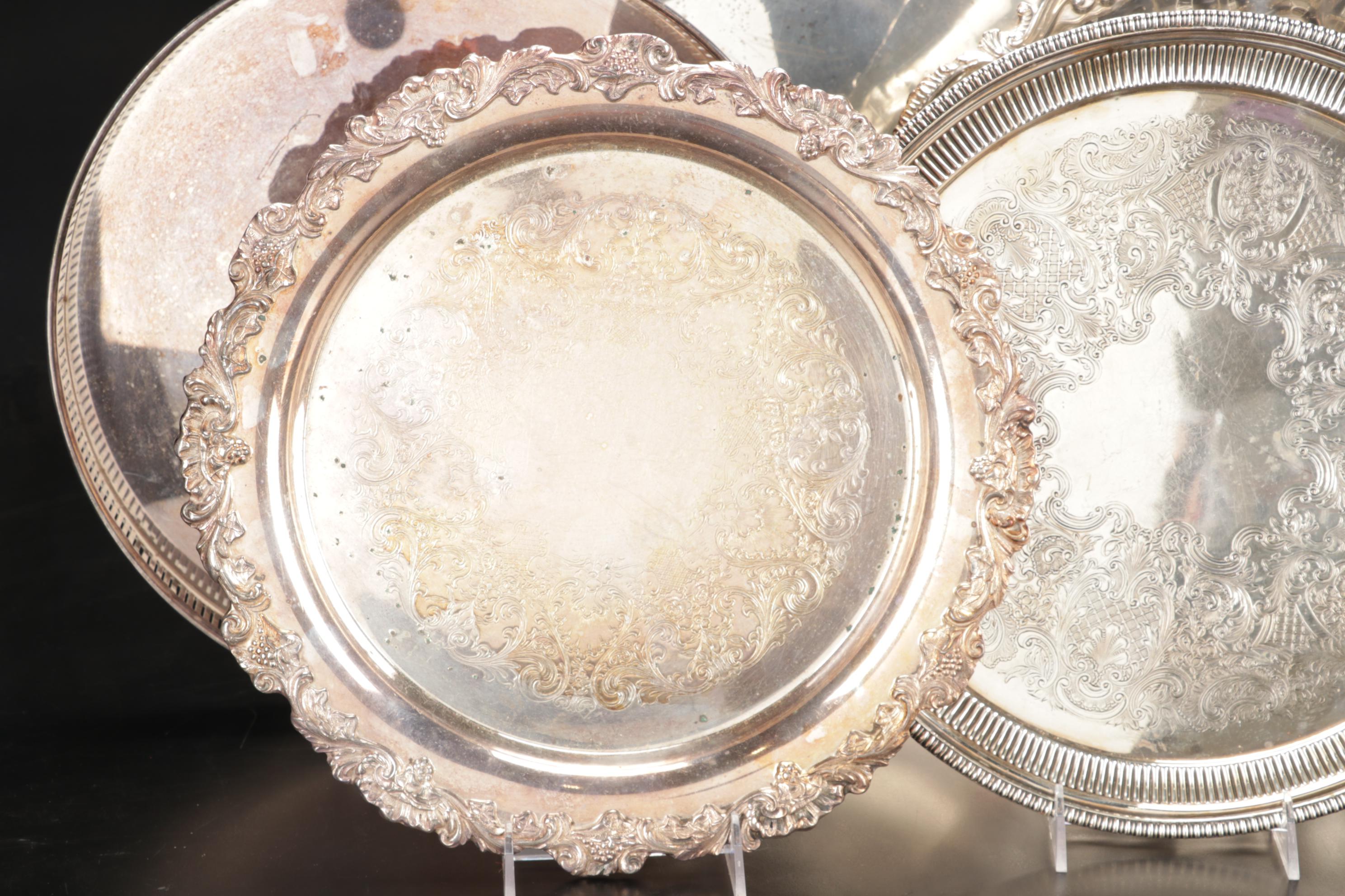 Wallace Divided Serving Platter with Other Silver Plate Trays, Mid-Late 20th C.