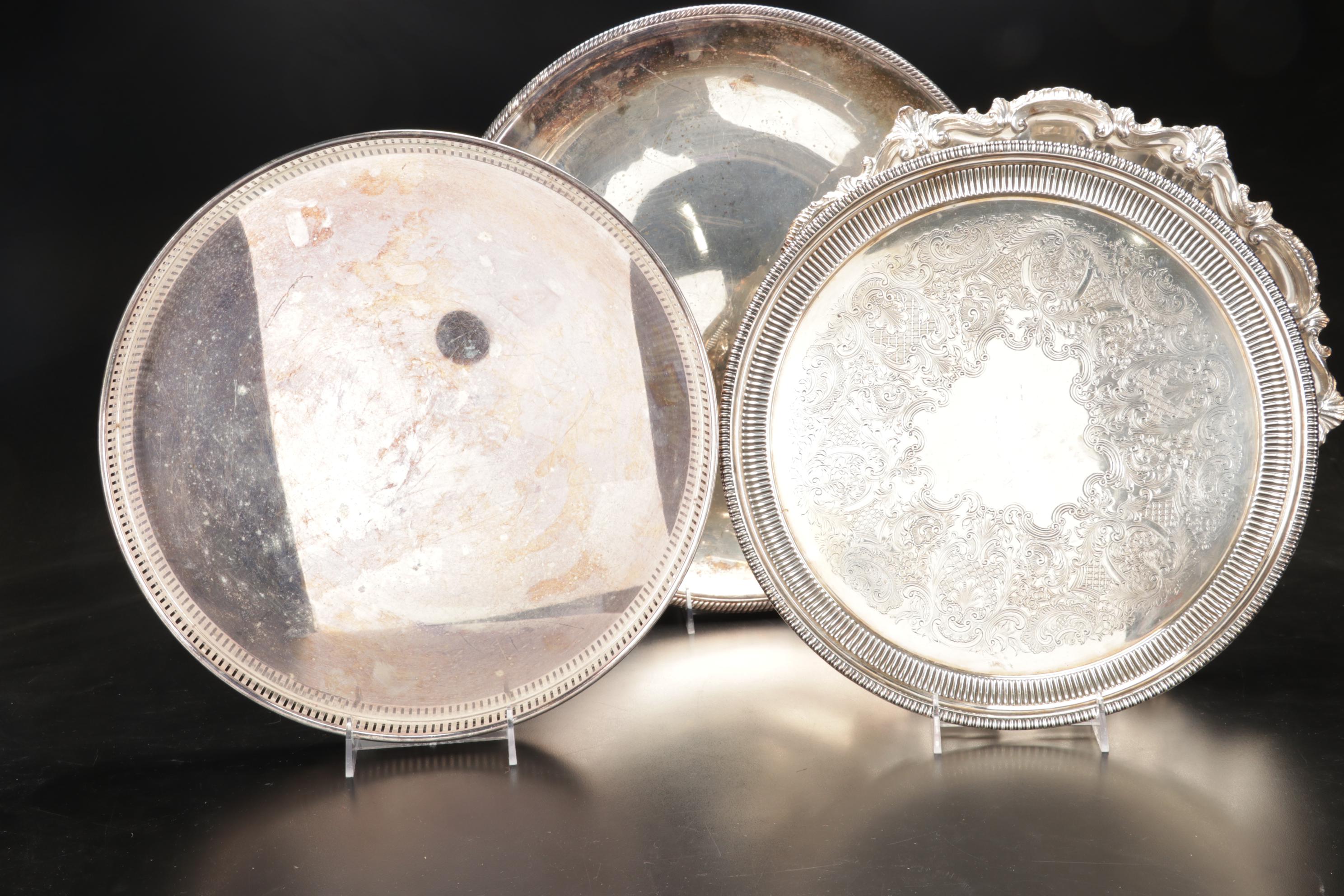 Wallace Divided Serving Platter with Other Silver Plate Trays, Mid-Late 20th C.