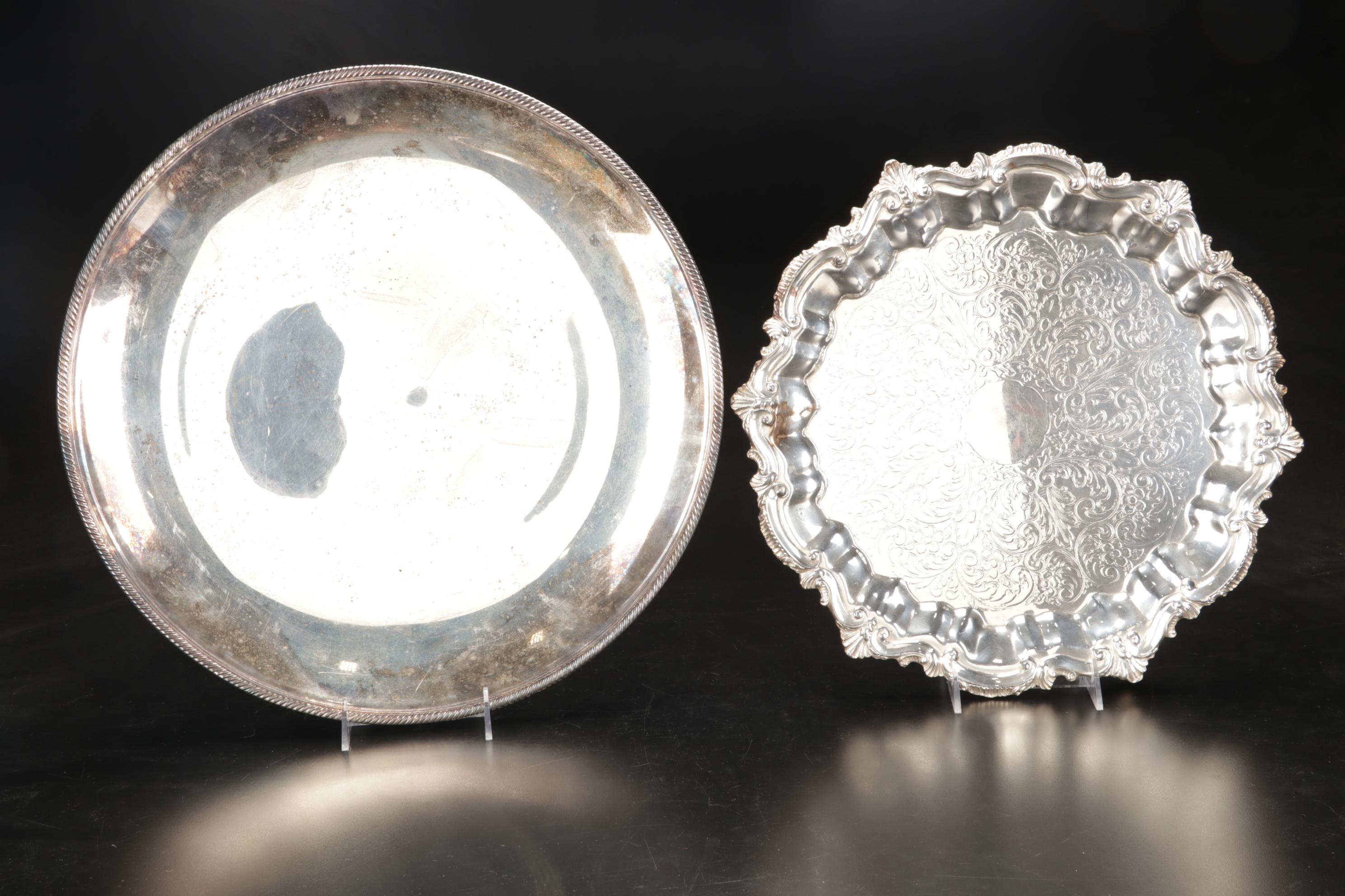 Wallace Divided Serving Platter with Other Silver Plate Trays, Mid-Late 20th C.