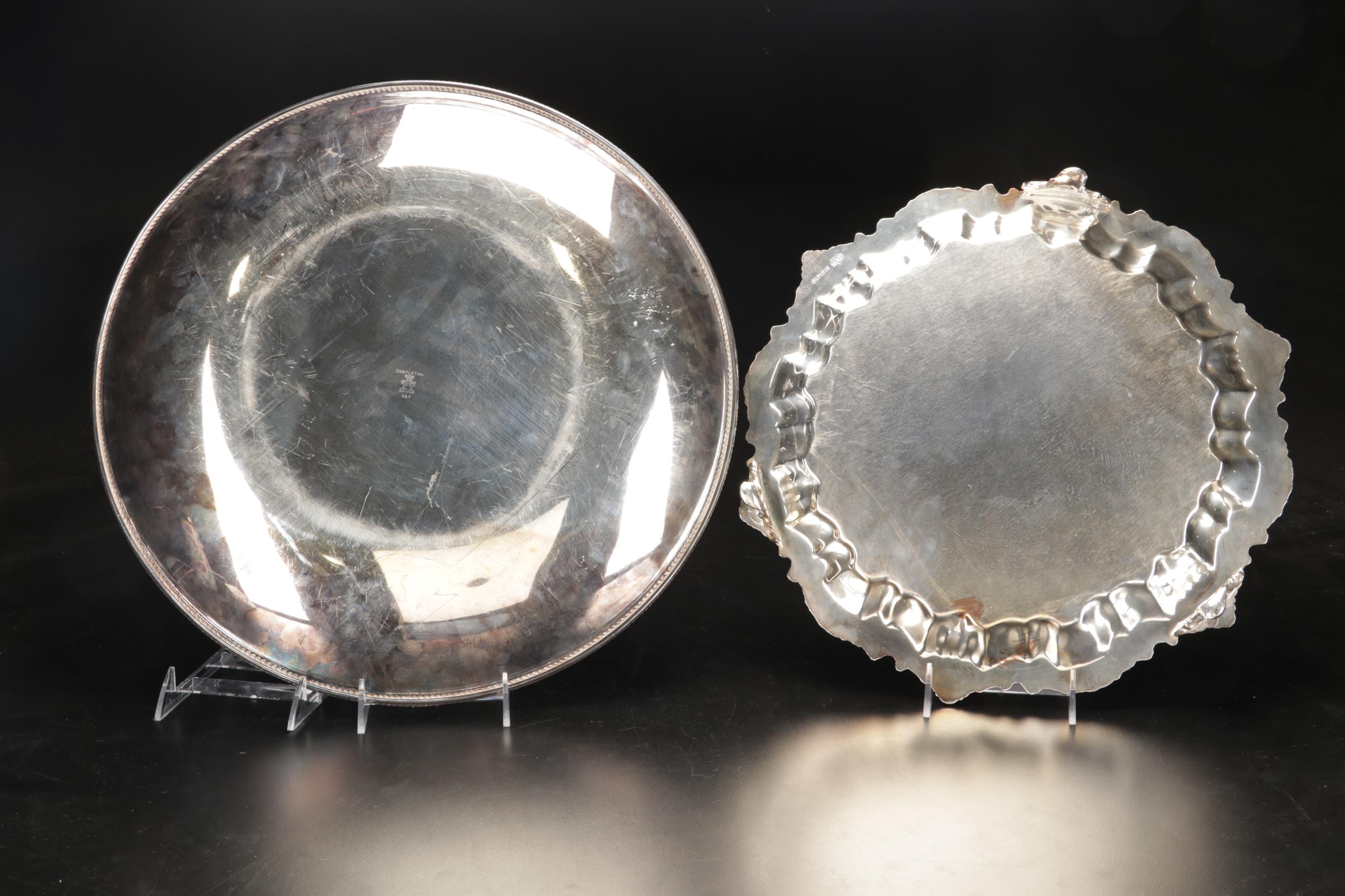 Wallace Divided Serving Platter with Other Silver Plate Trays, Mid-Late 20th C.