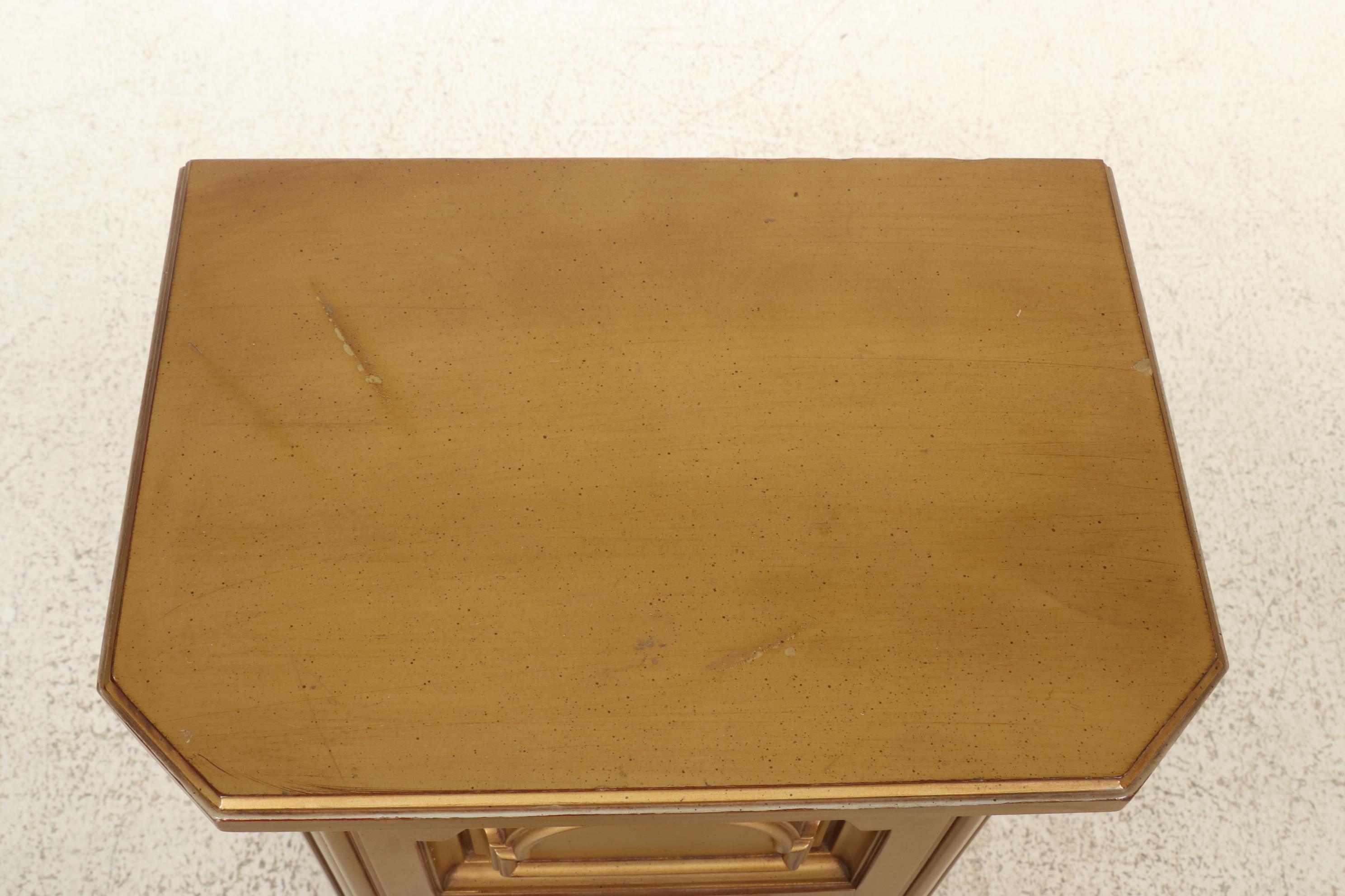 Louis XVI Style Side Chair with Painted Cabinet and Wooden End Tables