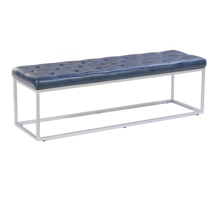 Contemporary Buttoned-Down Blue Vinyl and Silvered Metal Bench
