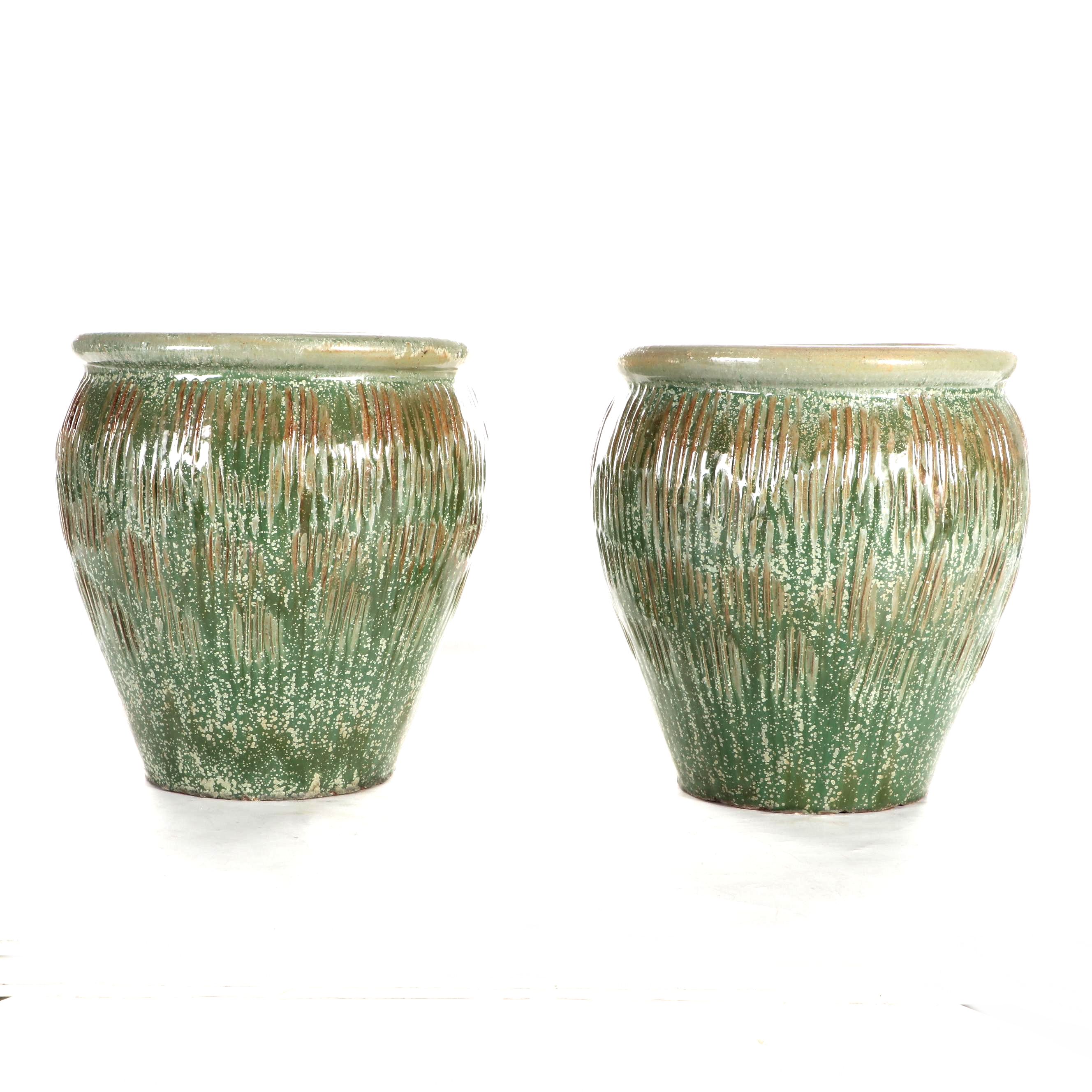 Pair of Green and Brown Terracotta Jardinieres