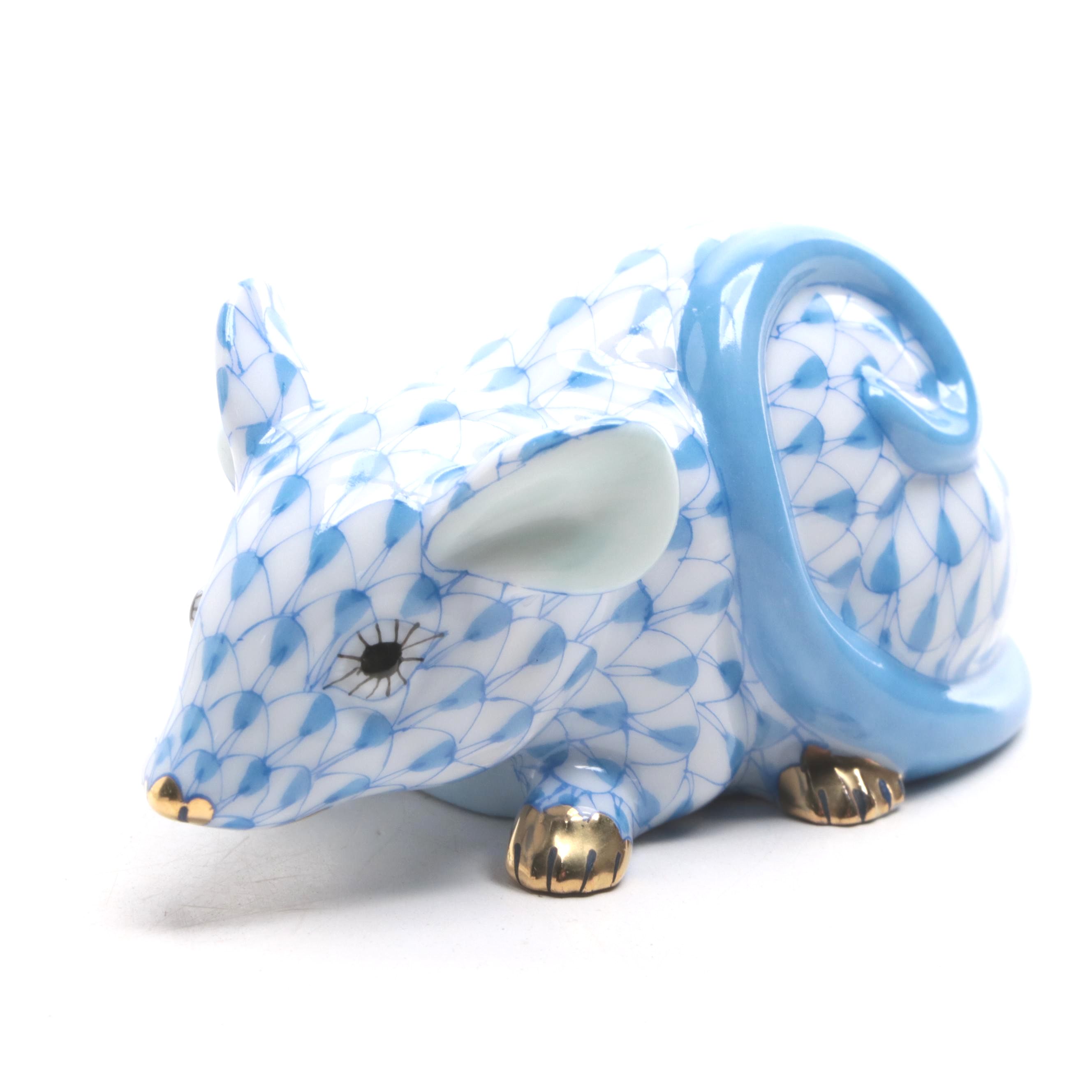 Herend Blue Fishnet With Gold "Curly Tailed Mouse" Porcelain Figurine