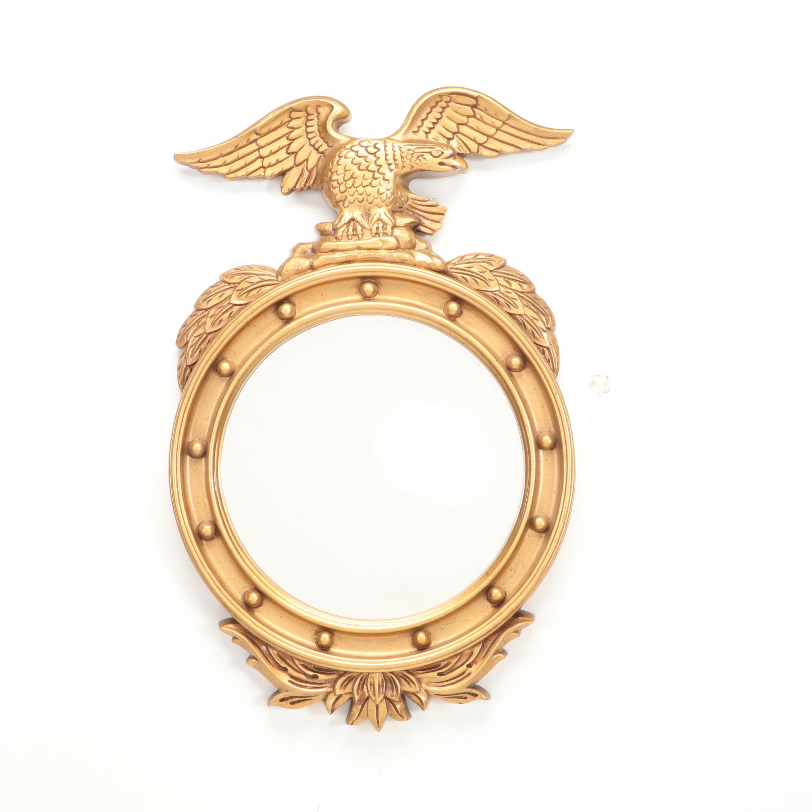 Gilt Finish Federal Eagle Round Mirror With Pair of Federal Eagle Table Lamps
