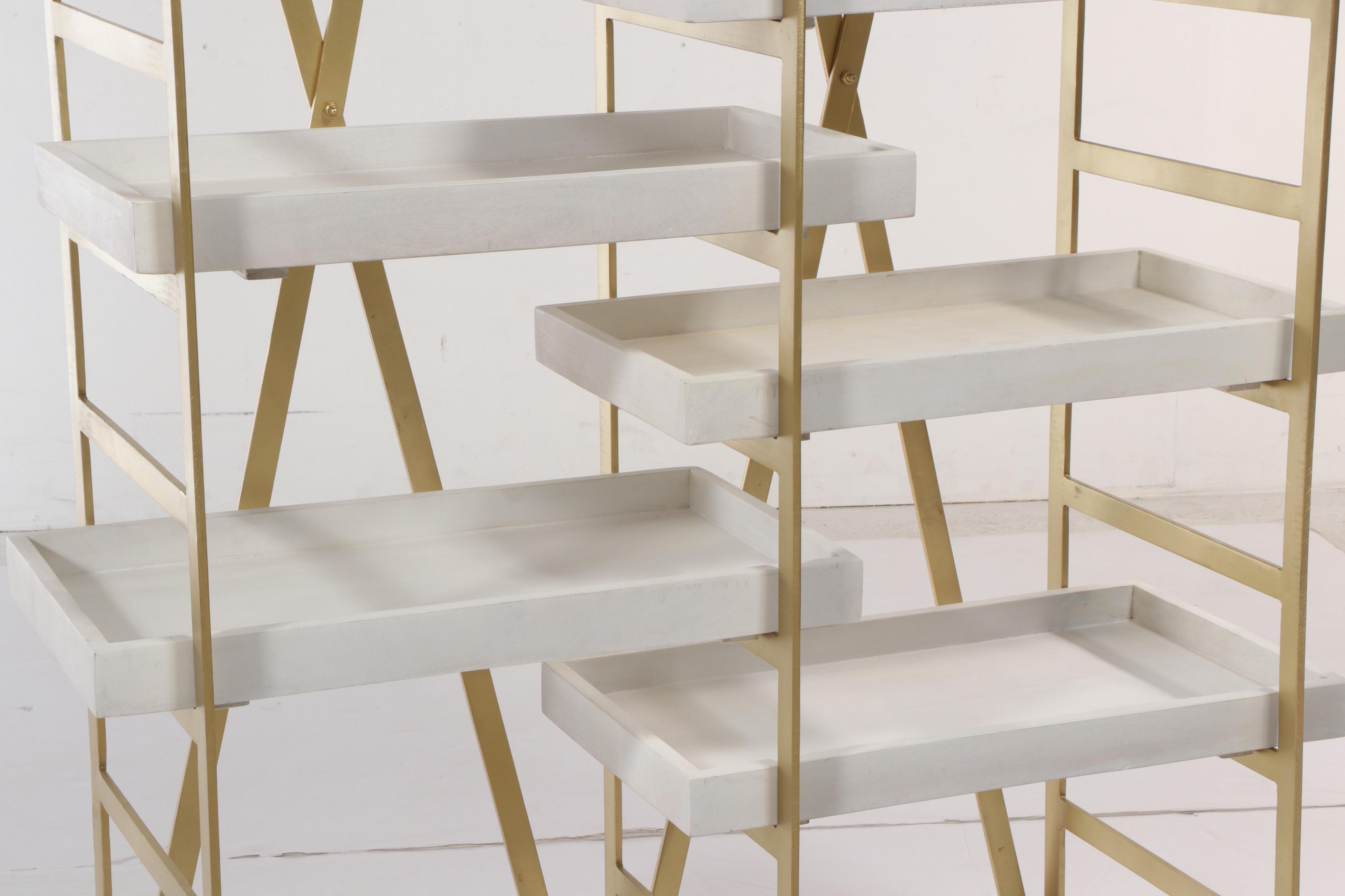 Contemporary Brassed Metal and Adjustable Wooden Tray Shelf