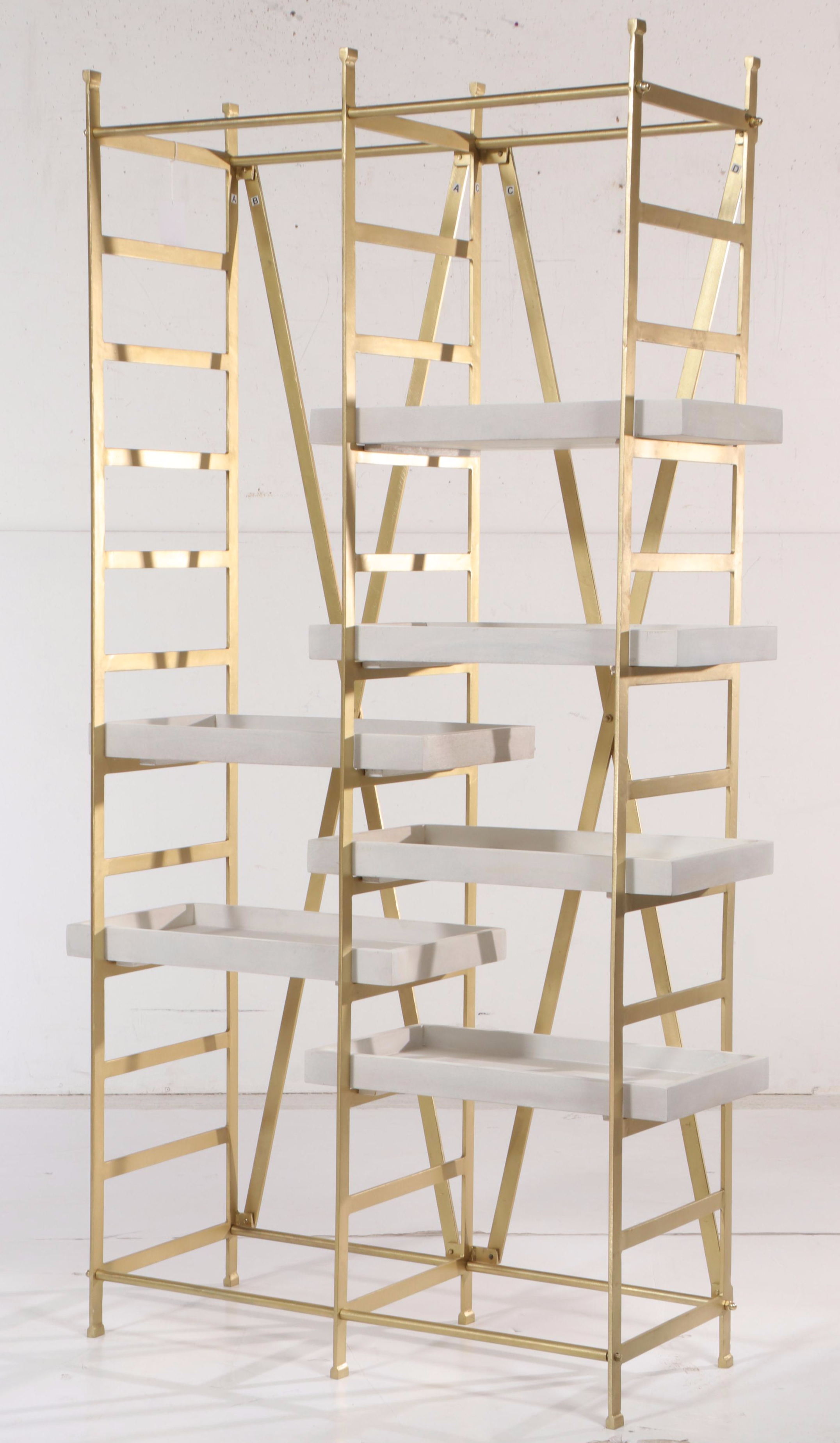 Contemporary Brassed Metal and Adjustable Wooden Tray Shelf