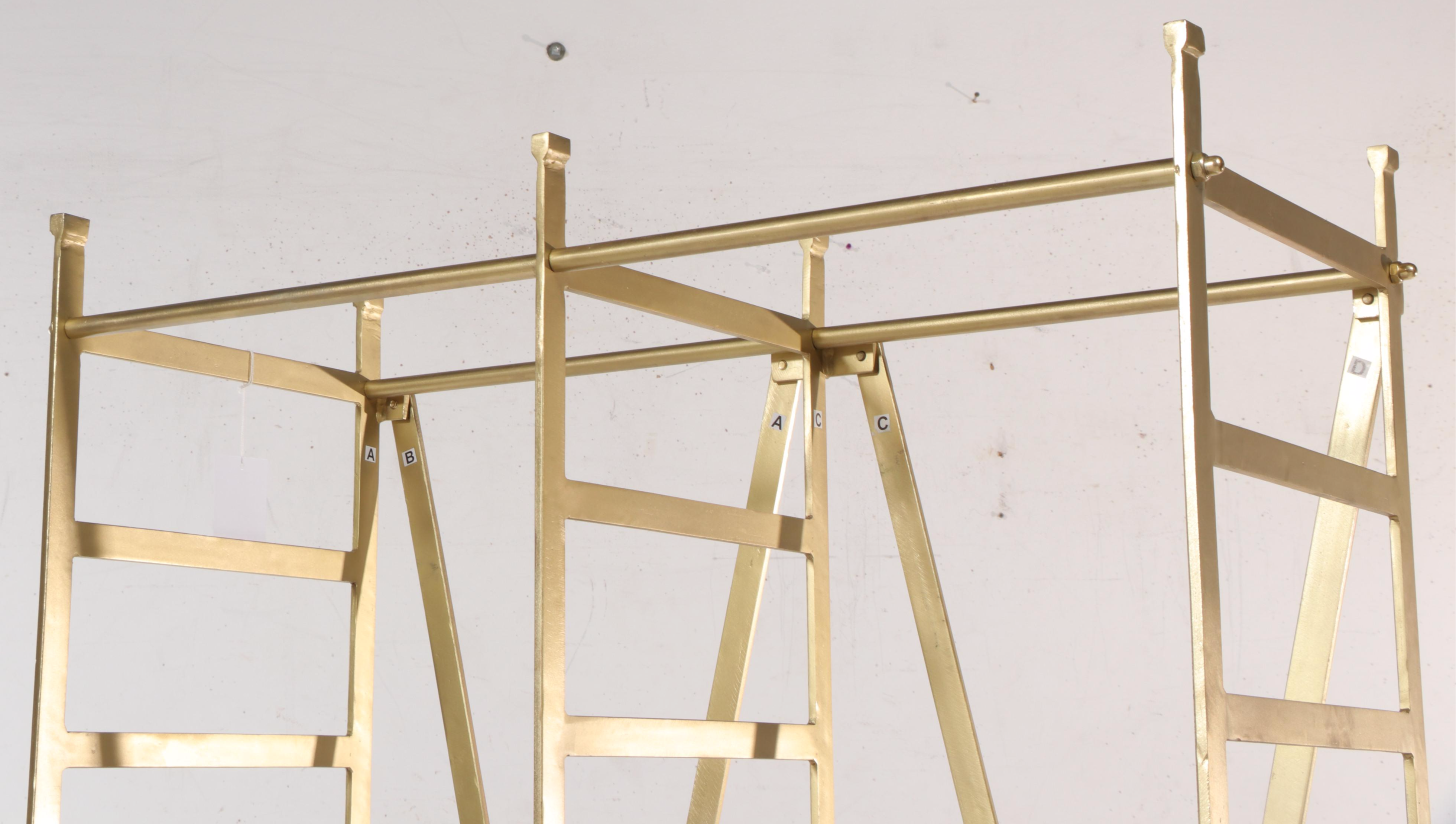 Contemporary Brassed Metal and Adjustable Wooden Tray Shelf