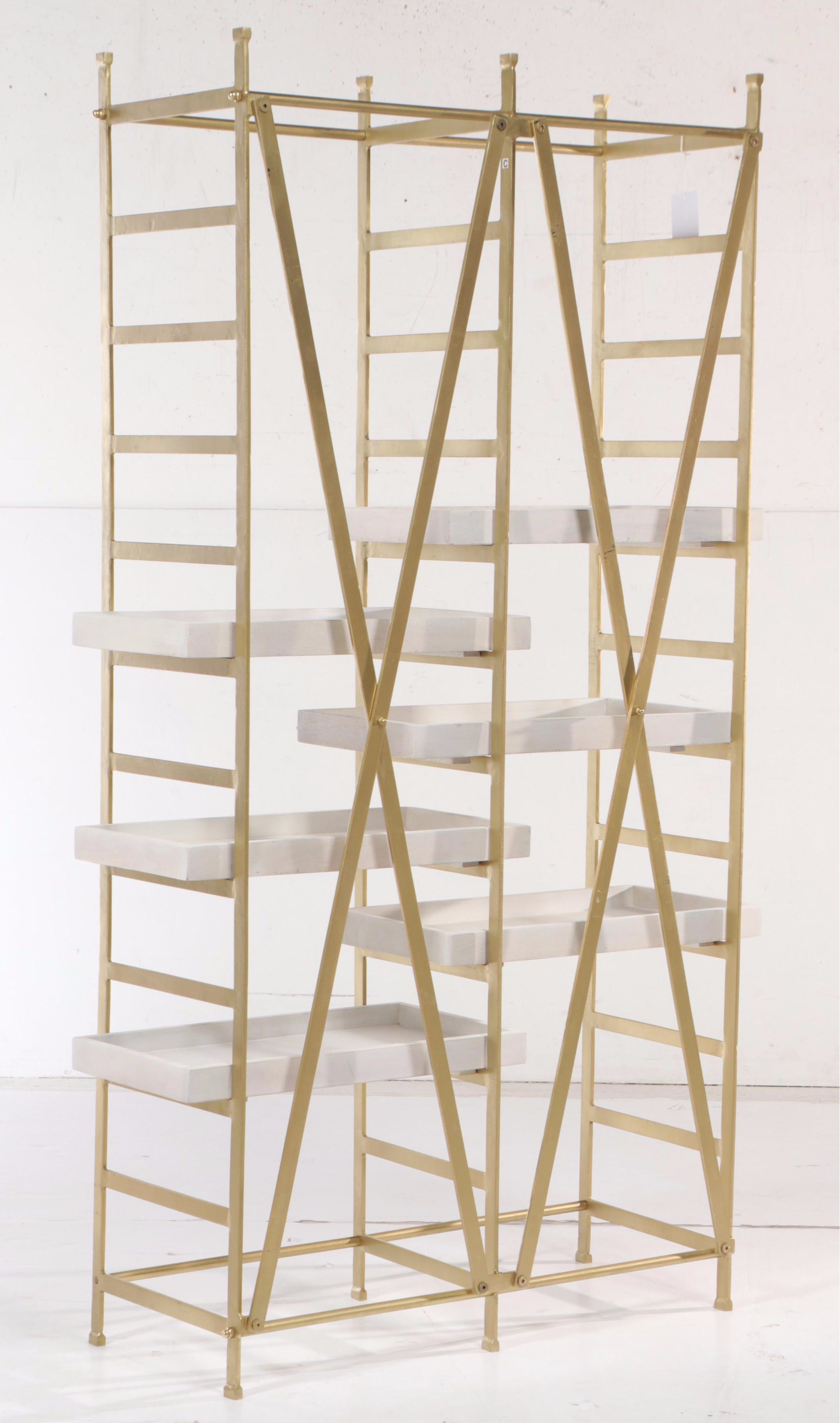 Contemporary Brassed Metal and Adjustable Wooden Tray Shelf