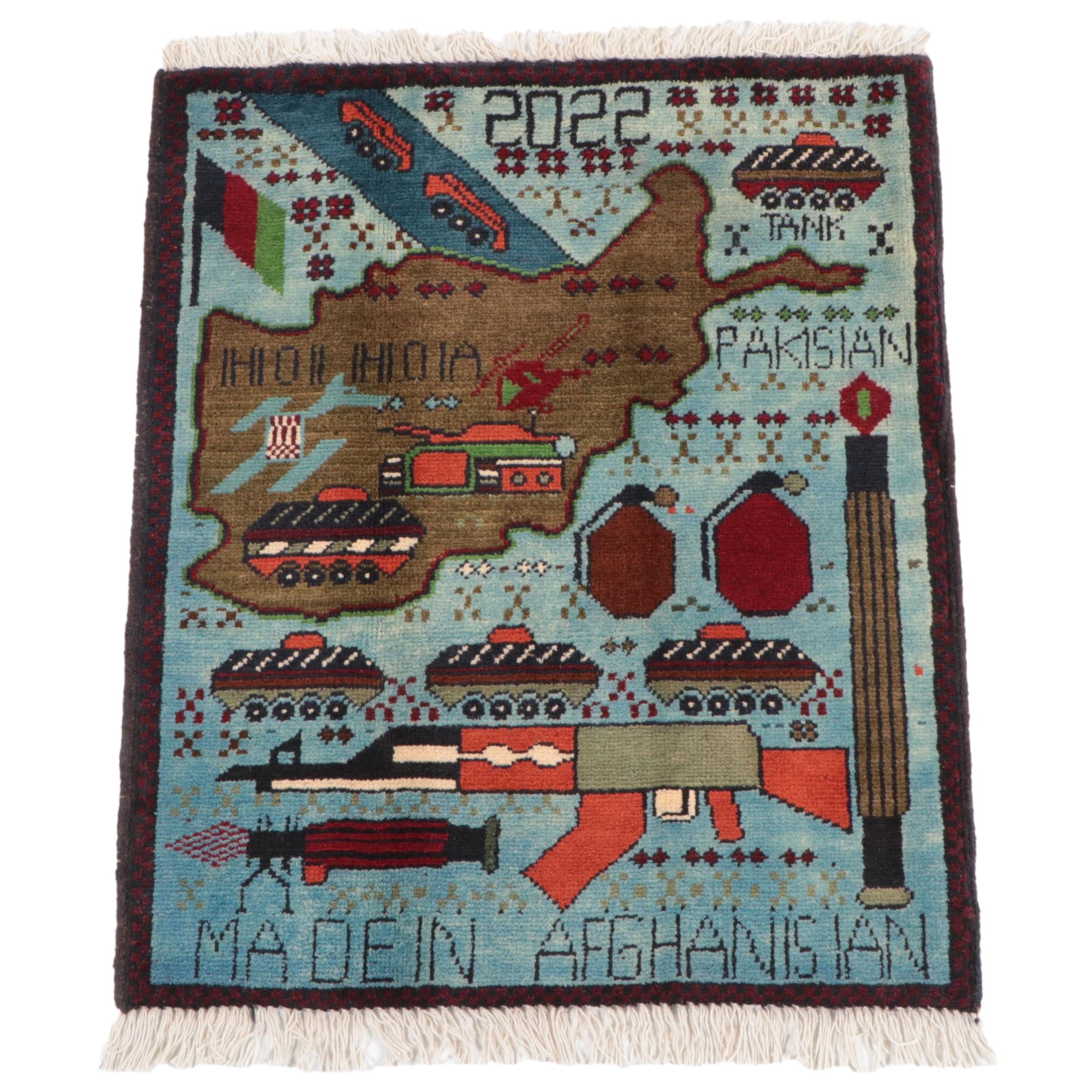 2'1 x 2'8 Hand-Knotted Afghan Pictorial War Rug, 2022